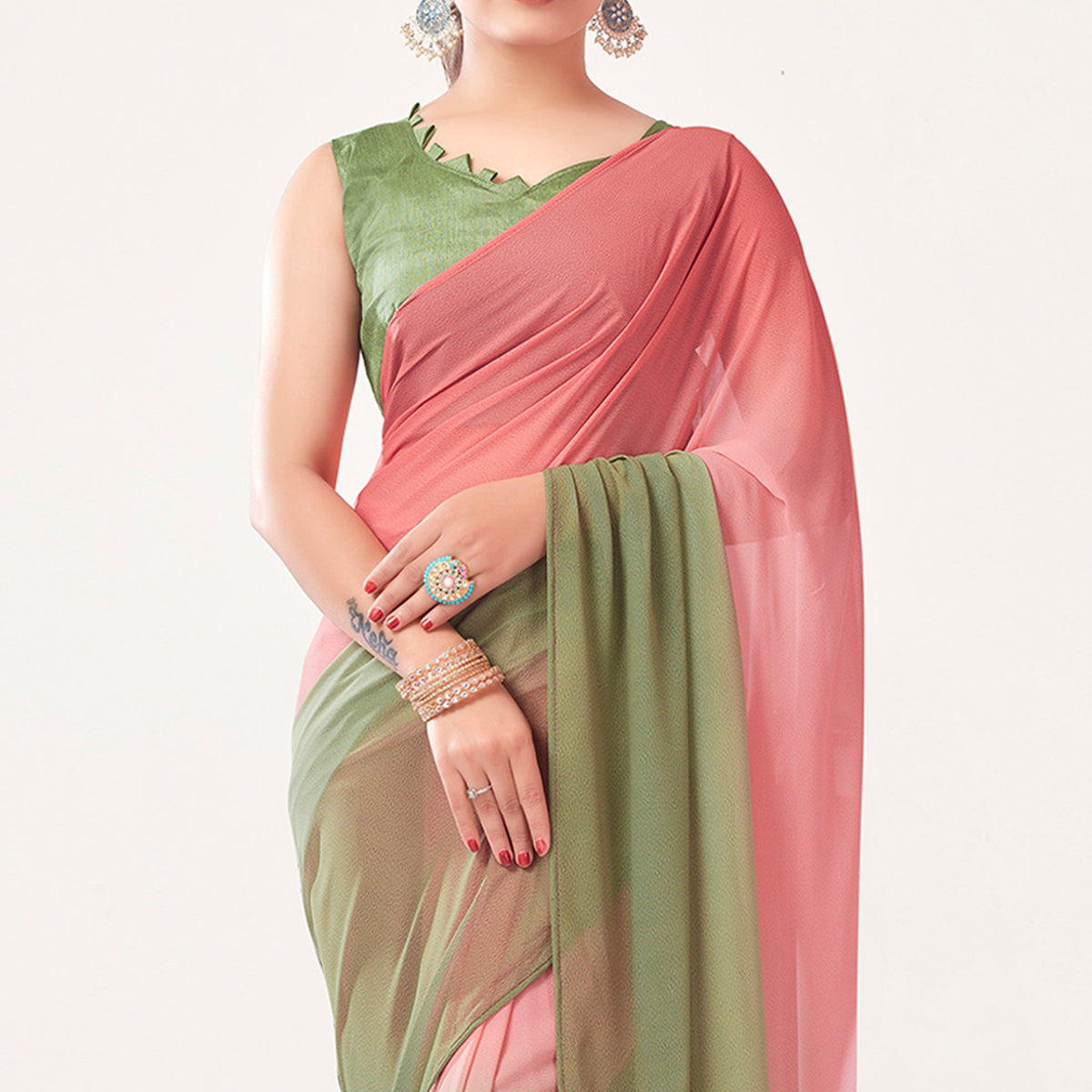 Pink & Olive Green Printed Georgette Saree