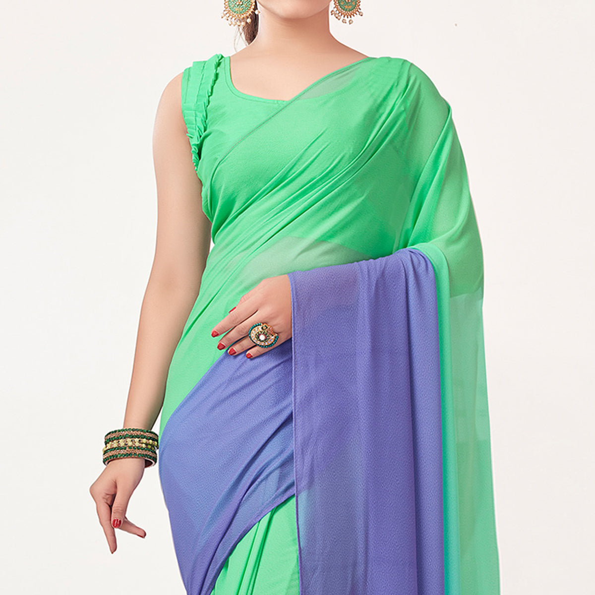 Mint Green & Lavender Printed Georgette Saree