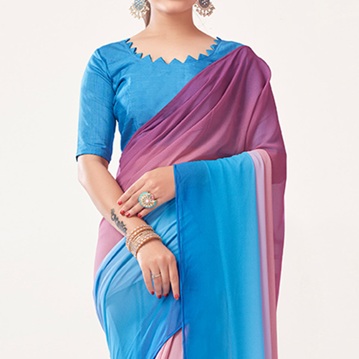 Pink & Blue Printed Georgette Saree