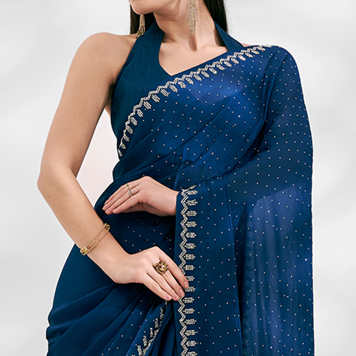 Blue Embroidered Beads & Stones Chiffon Saree