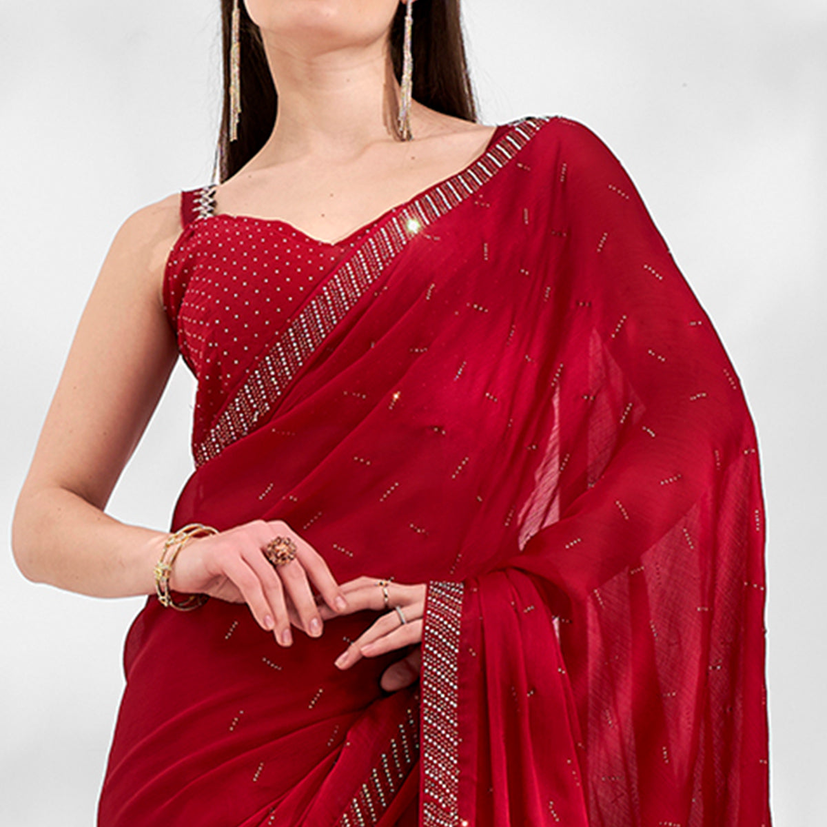 Red Embroidered Beads & Stones Chiffon Saree