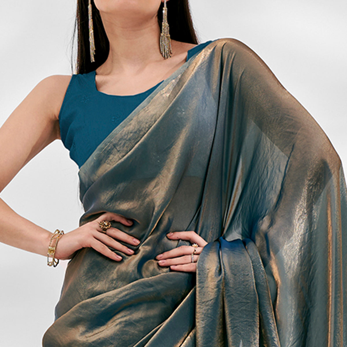 Blue Solid Organza Saree With Tassels Border