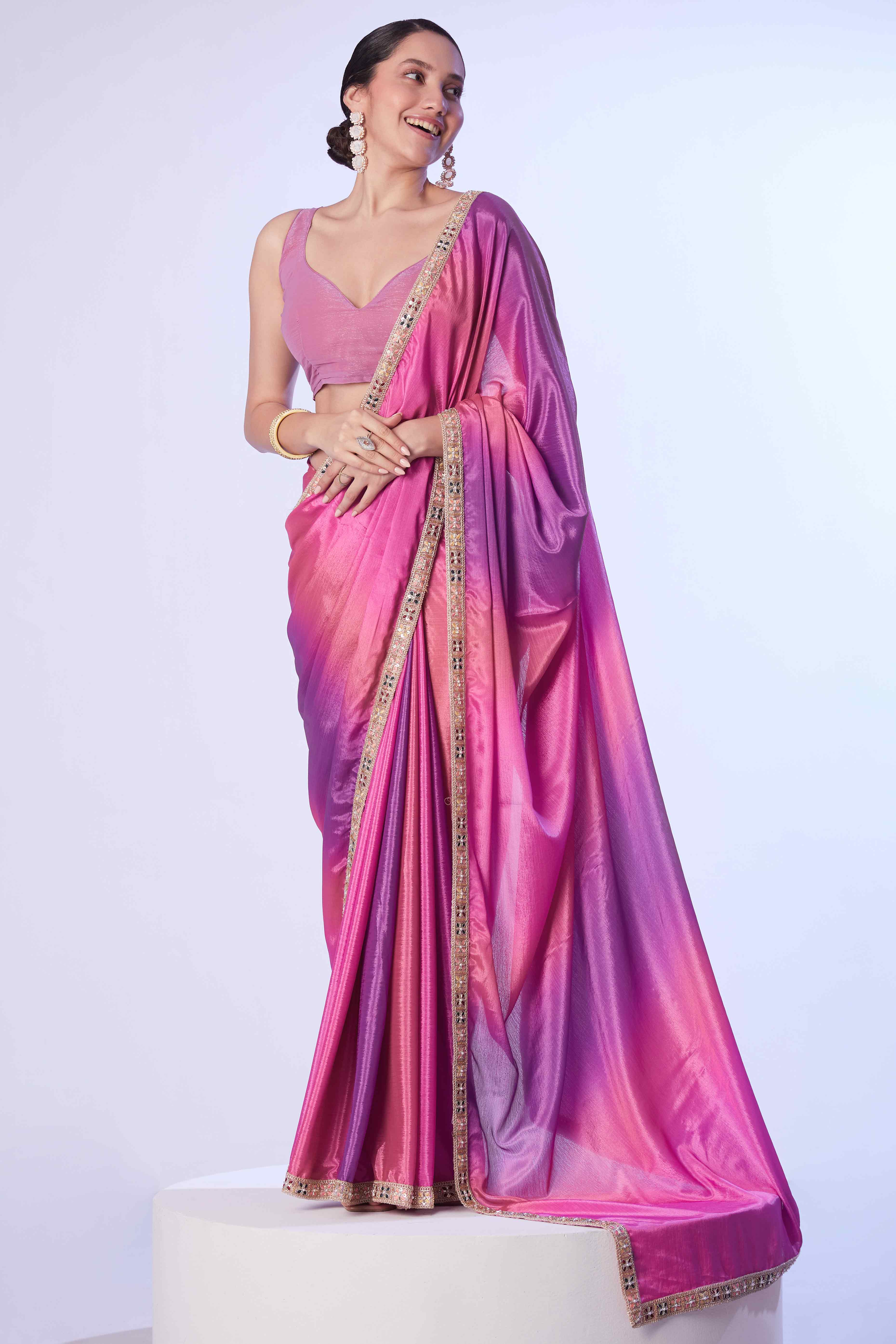 Pink Ombre Bliss Chinon Solid Saree
