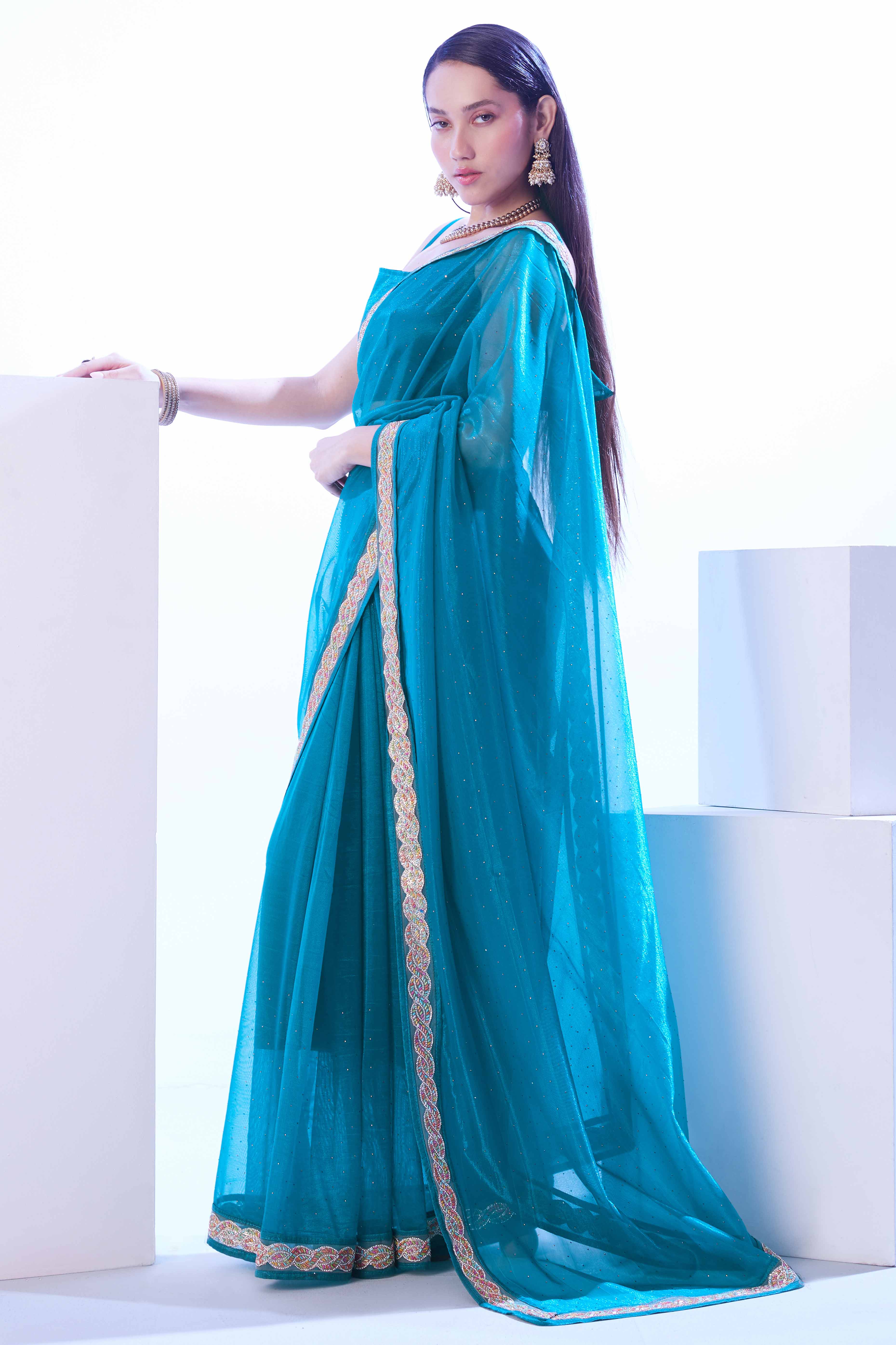 Teal Stone Work Net Solid  Embroidered Saree for Party Wear