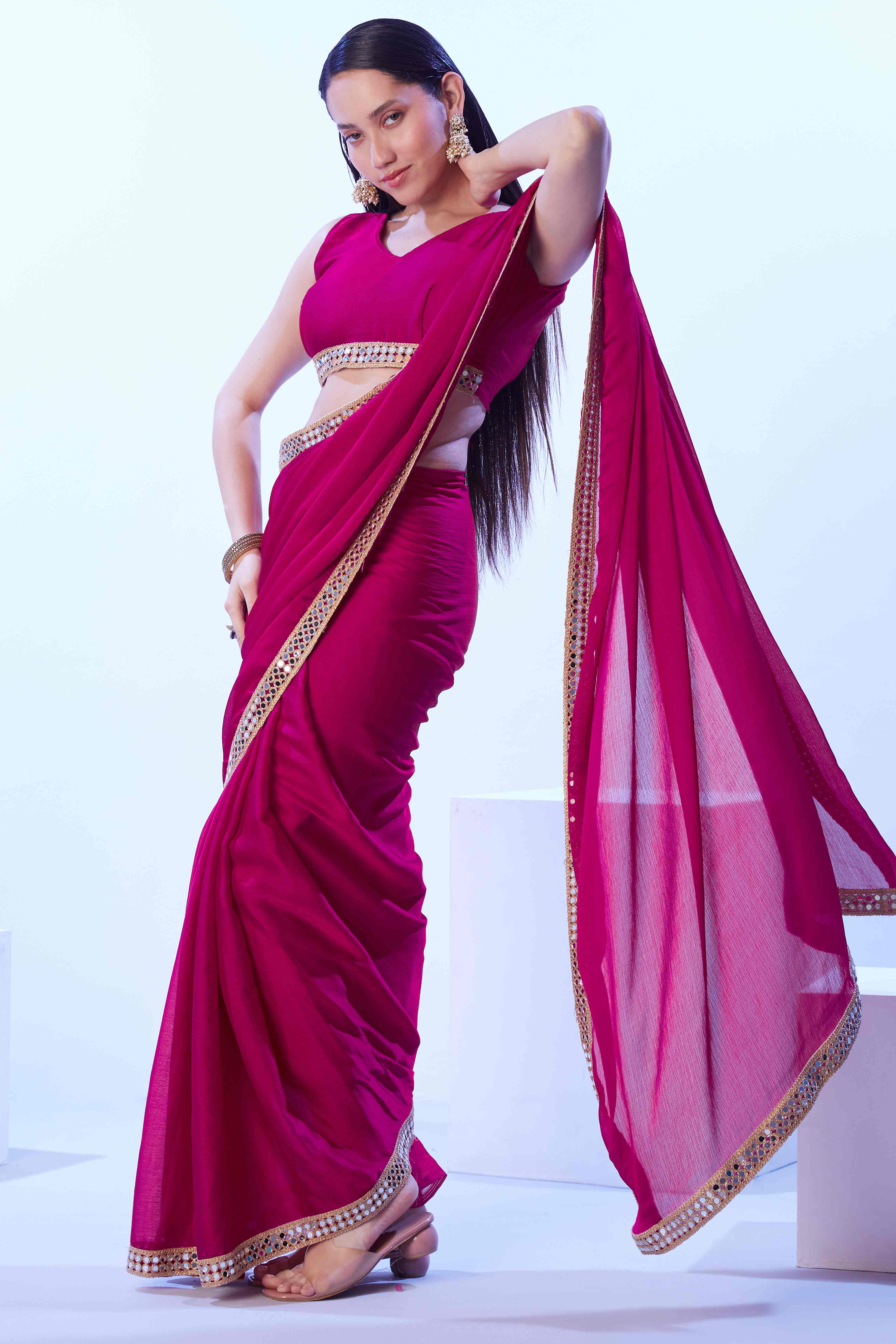 Hot Pink Satin Solid Saree Adorned with Mirror Work