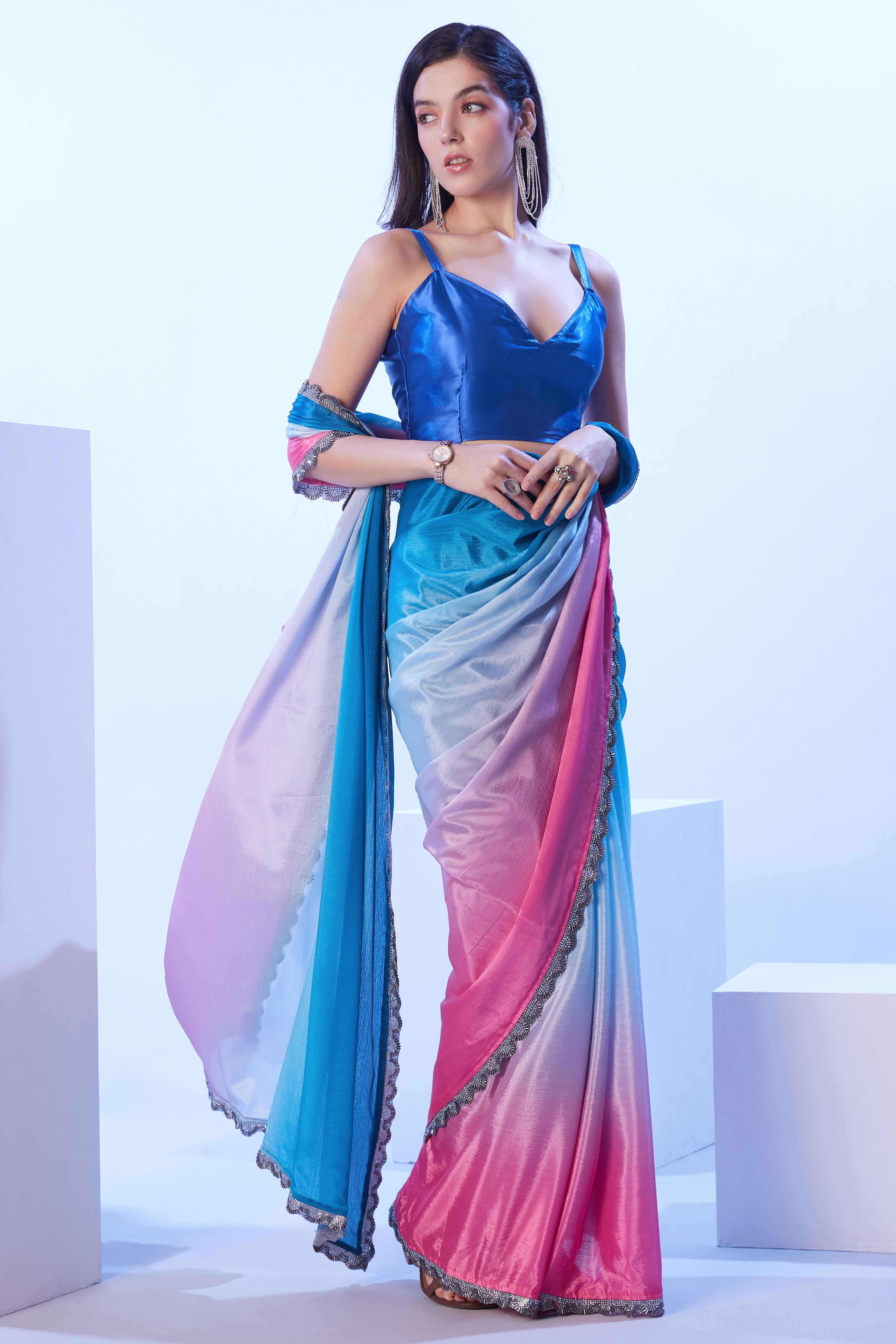 Blue & Pink Ombre Bliss Chinon Solid Saree