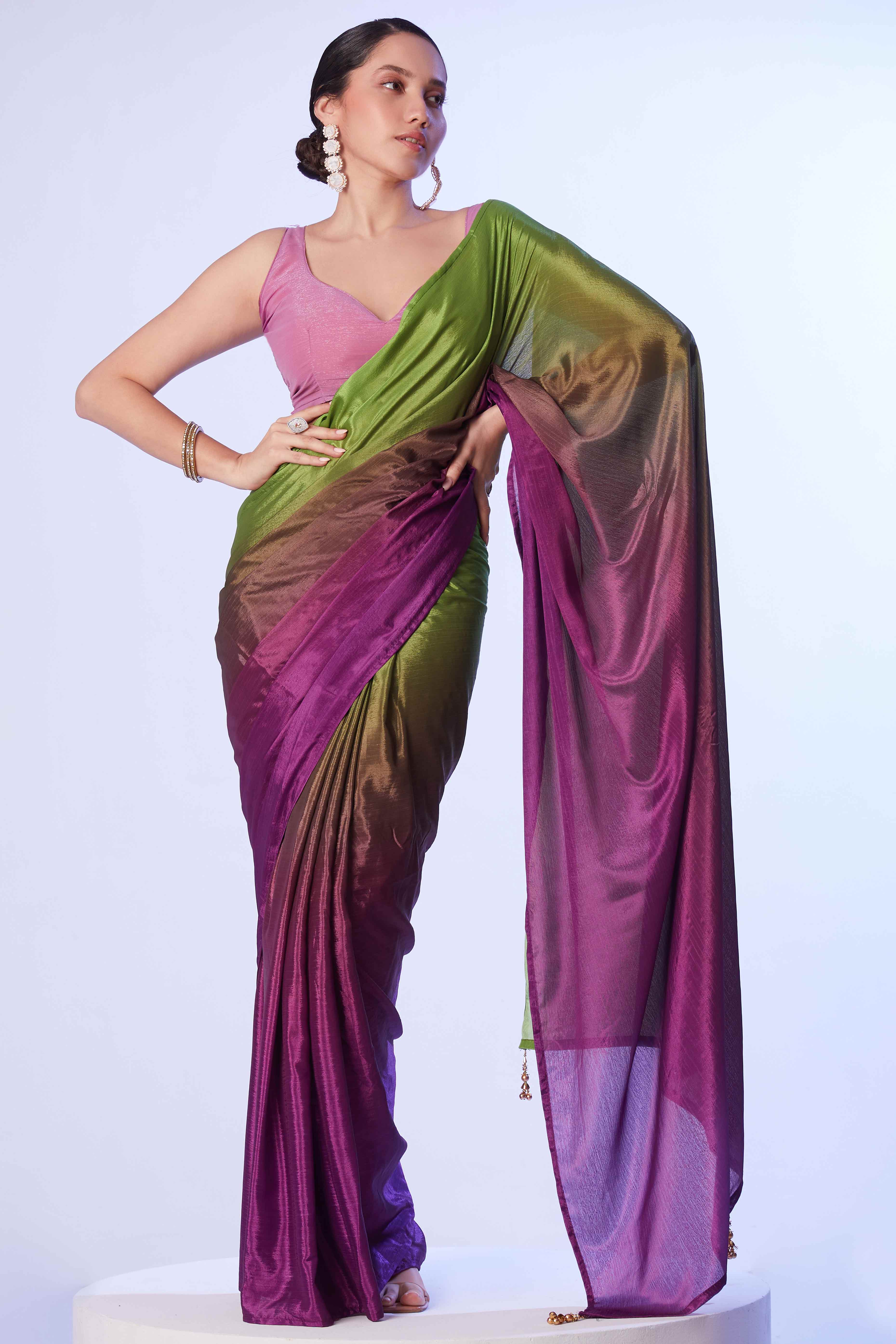 Green & Purple Ombre Bliss Chinon Solid Ready Made Saree