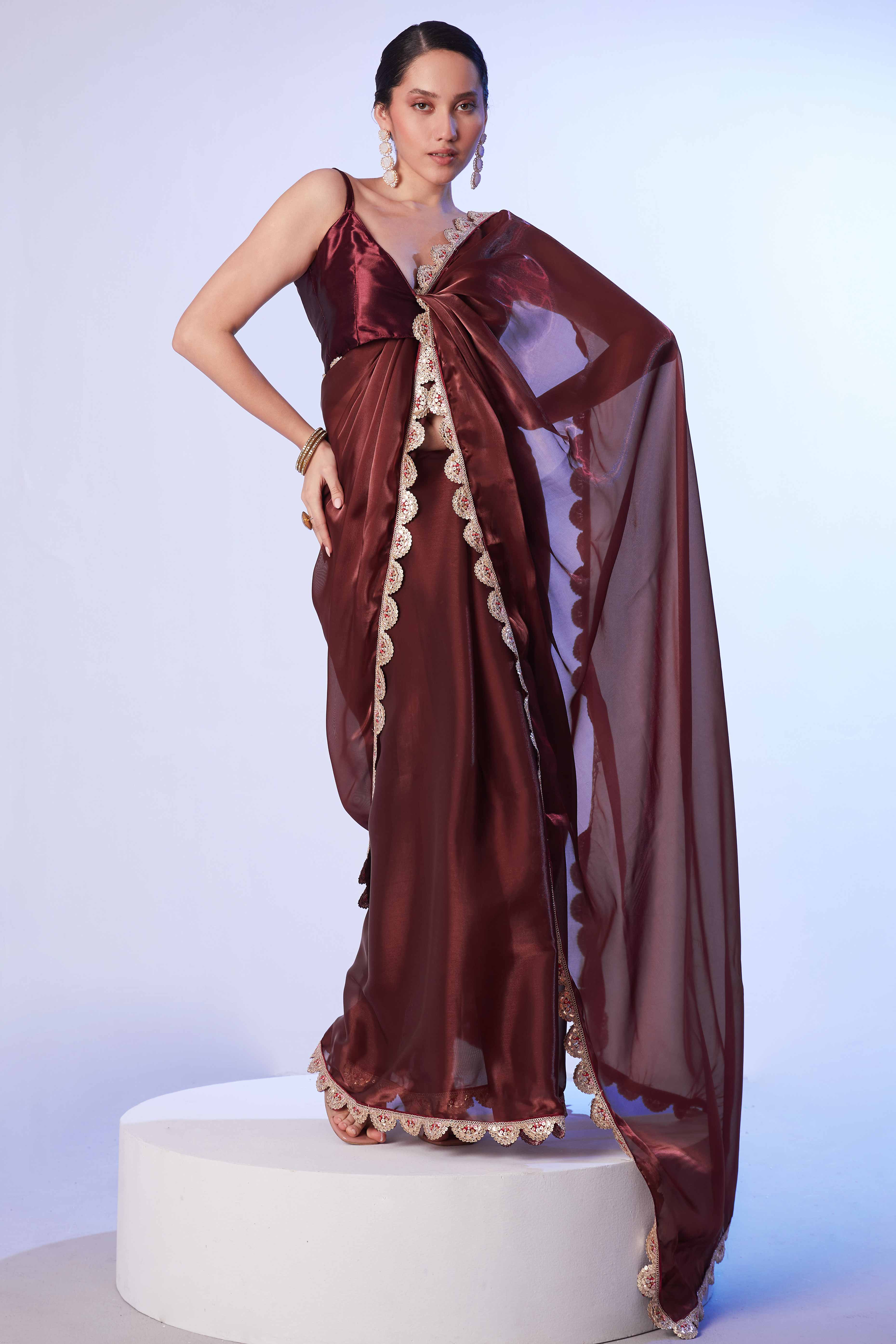 Brown Satin Solid Saree Adorned with Sequins Work