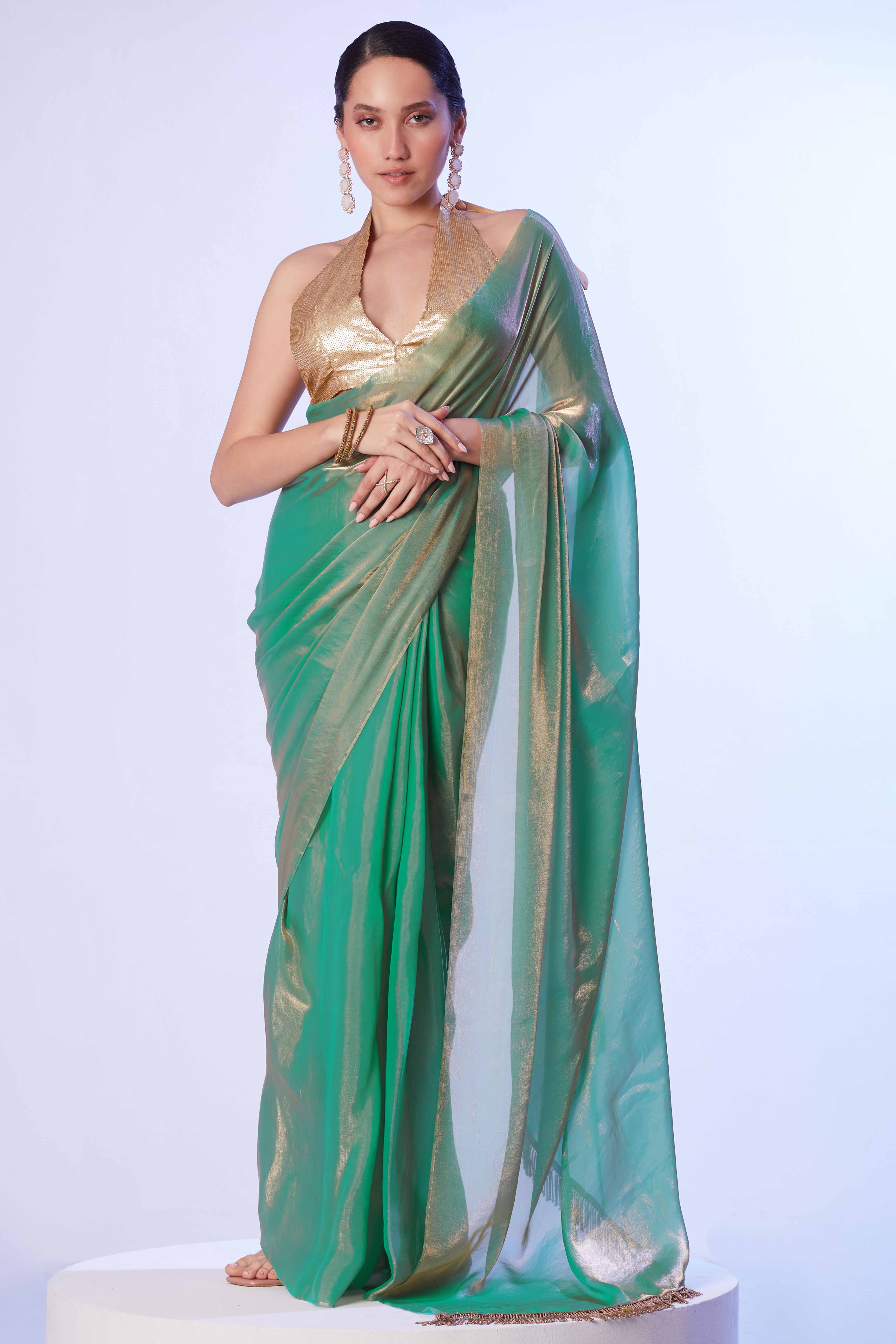 Green Satin Embroidered Solid Saree Adorned with Beads & Stones