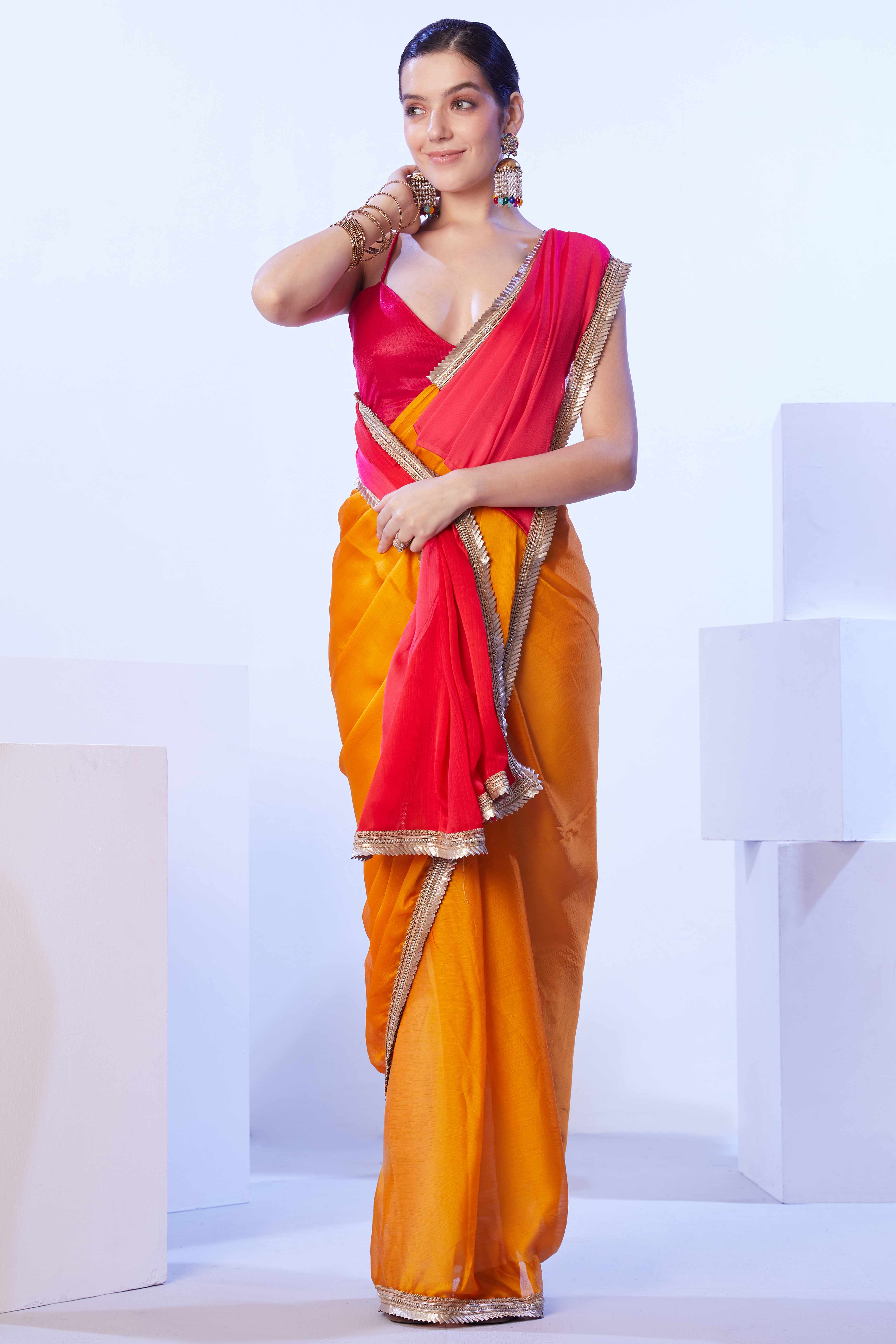Red & Yellow Satin Printed Saree Adorned with Ombre Pattern