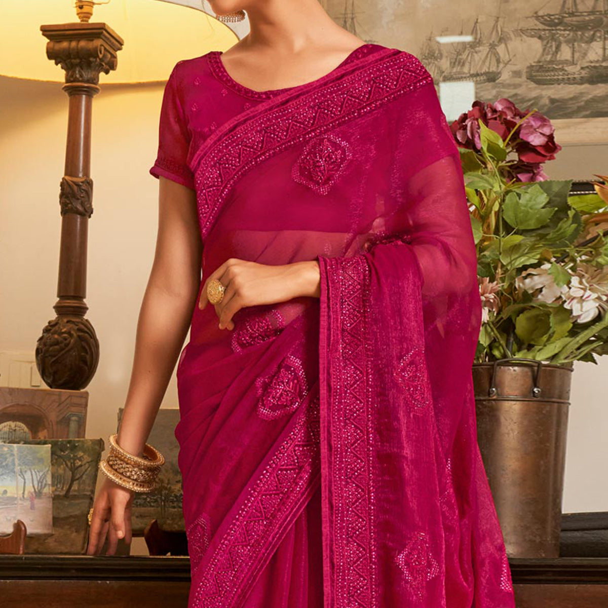 Georgette Embroidery Saree In Rani Pink Colour - SR1543534
