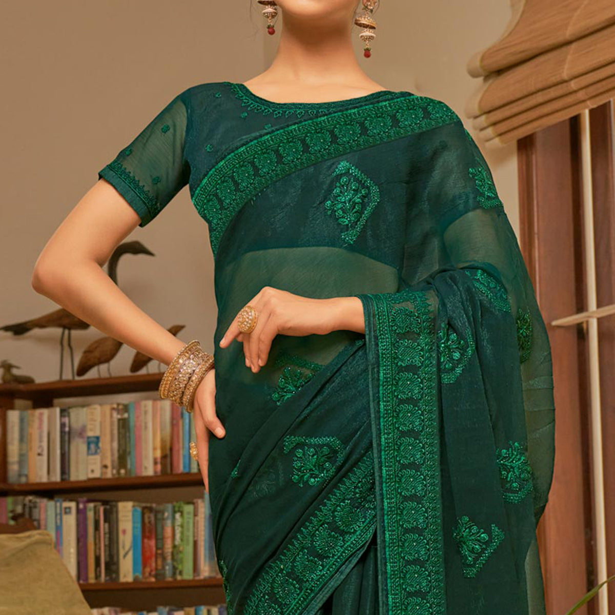 Bottle Green Embroidered Georgette Saree