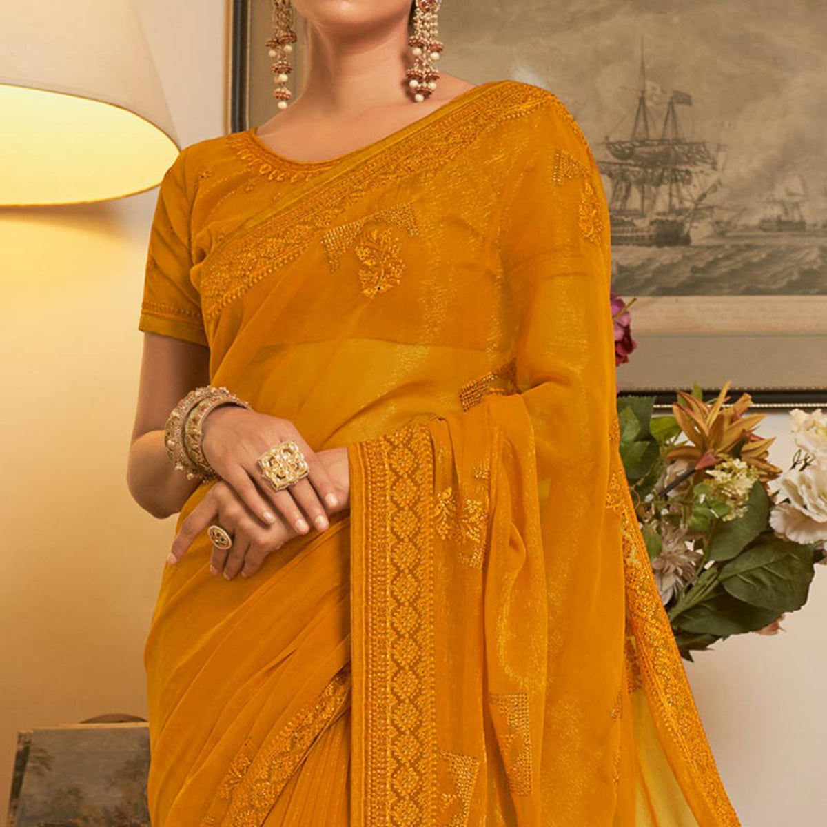 Mustard Embroidered Georgette Saree