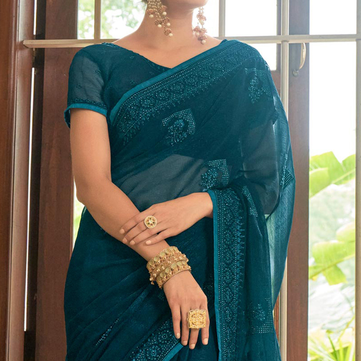 Teal Blue Embroidered Georgette Saree