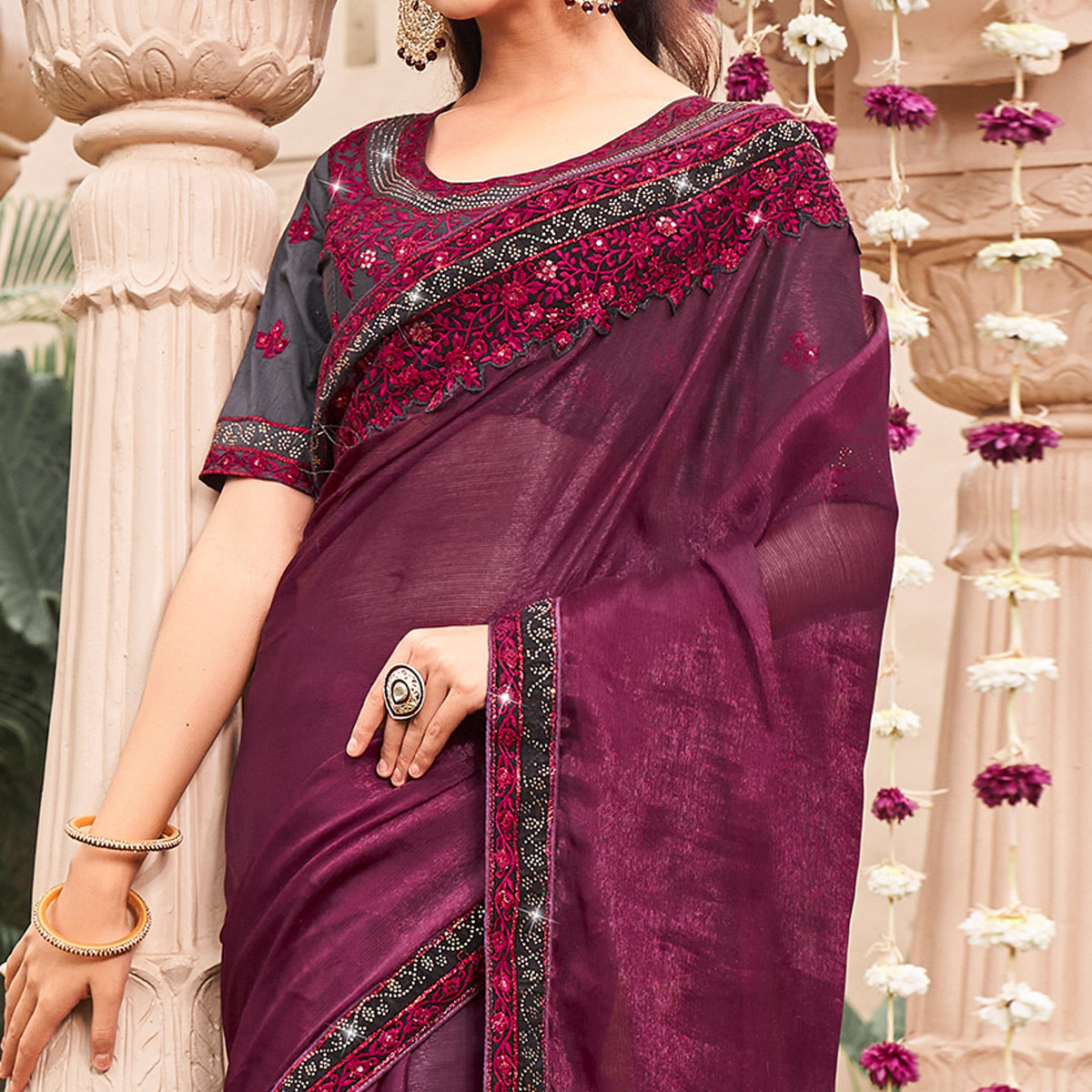 Wine Solid With Embroidered Border Chiffon Saree