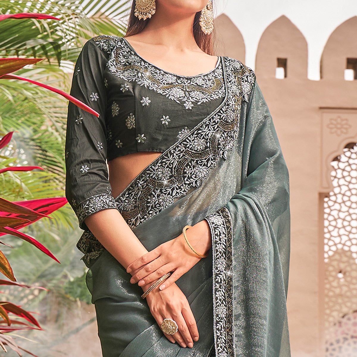 Grey Solid With Embroidered Border Chiffon Saree