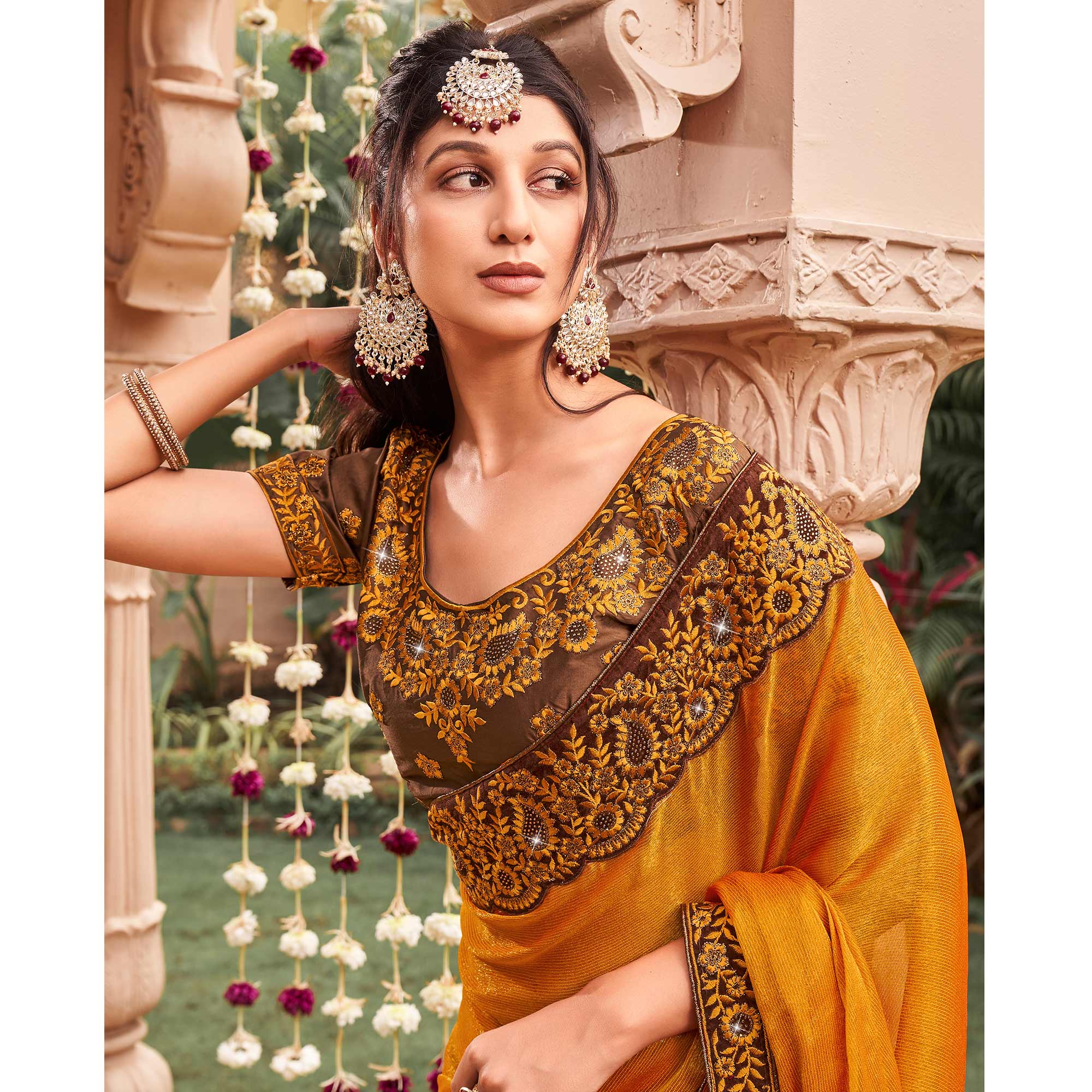 Mustard Solid With Embroidered Border Chiffon Saree