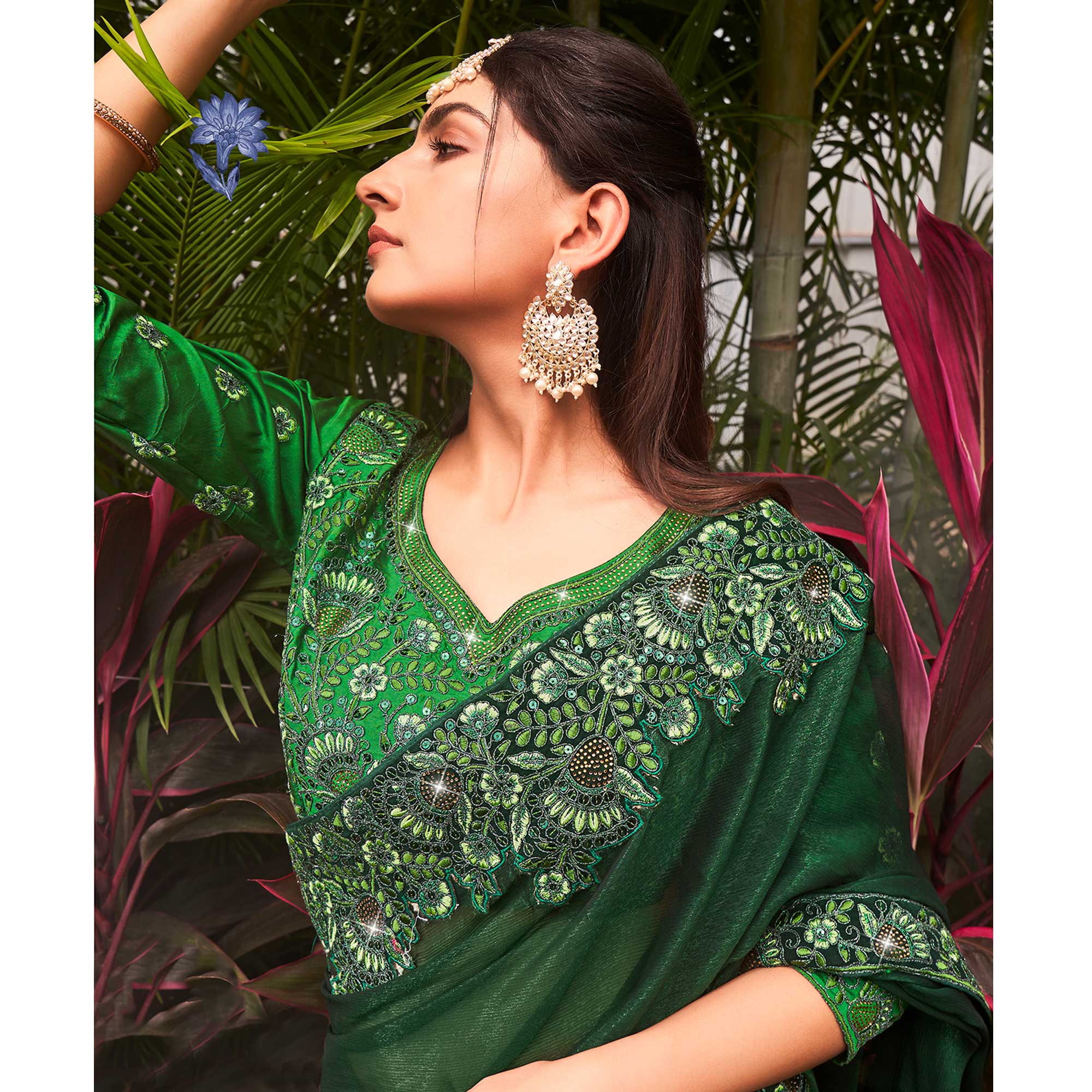 Green Solid With Embroidered Border Chiffon Saree