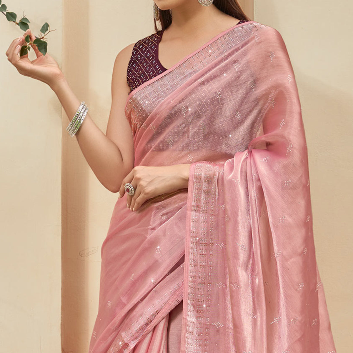 Peach Embroidered Tissue Saree