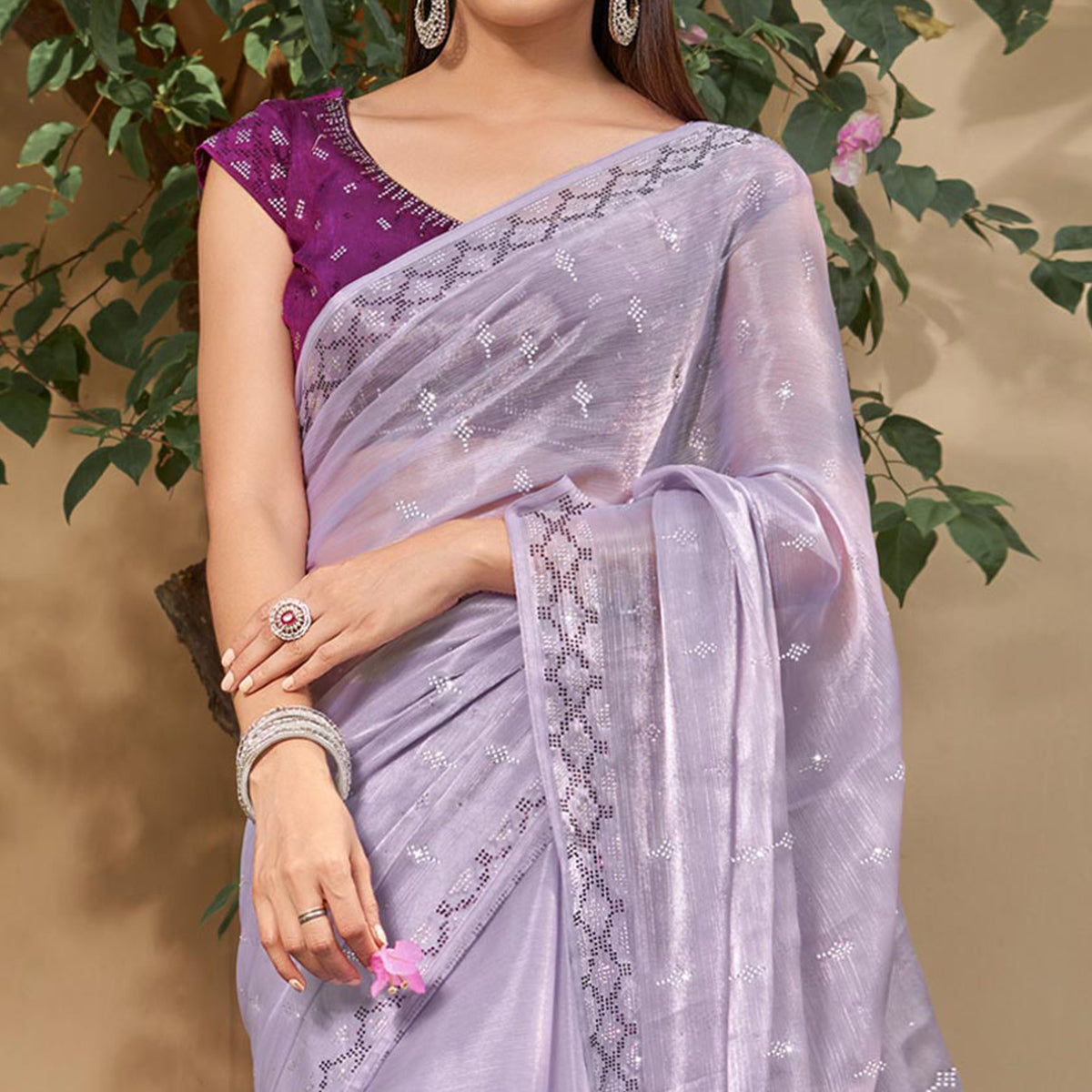 Violet Embroidered Tissue Saree