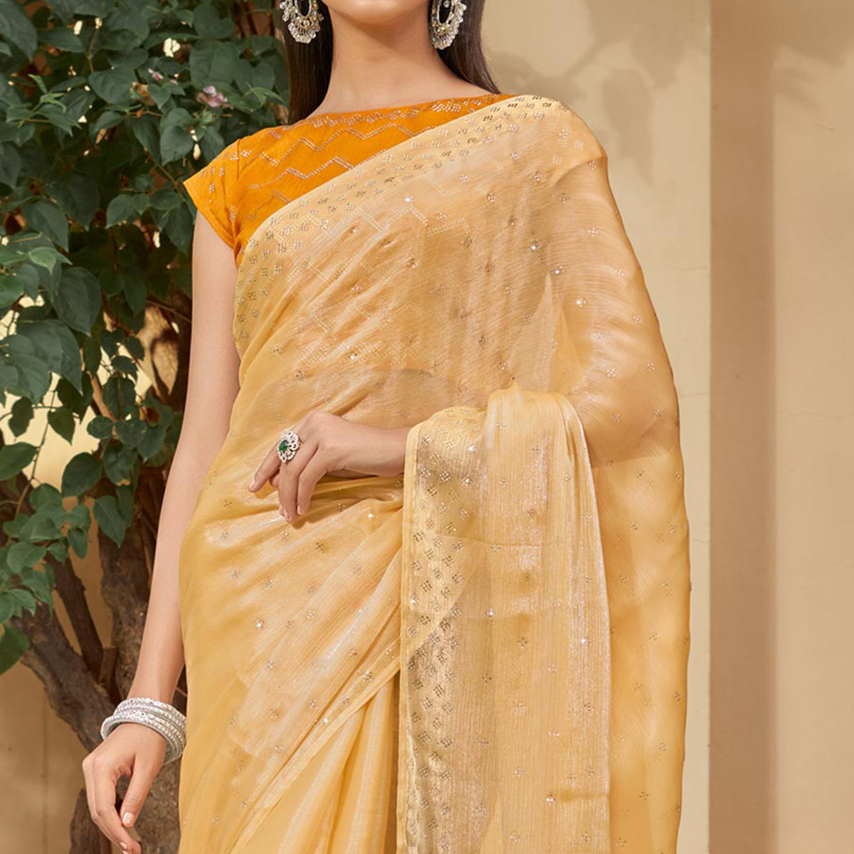 Yellow Embroidered Tissue Saree