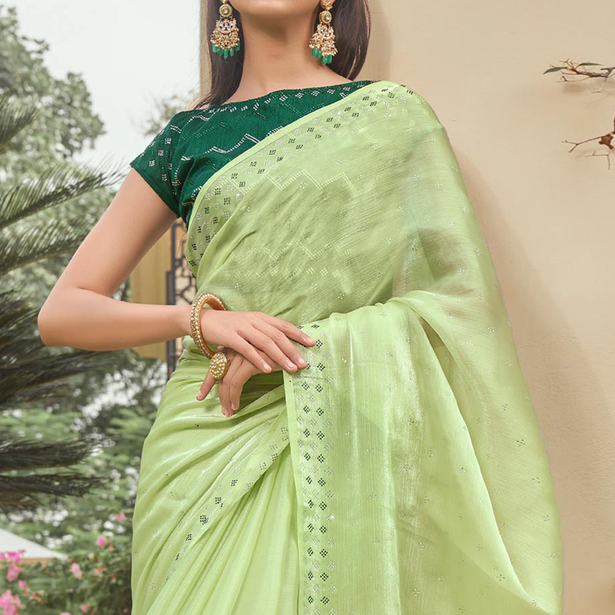 Green Embroidered Tissue Saree