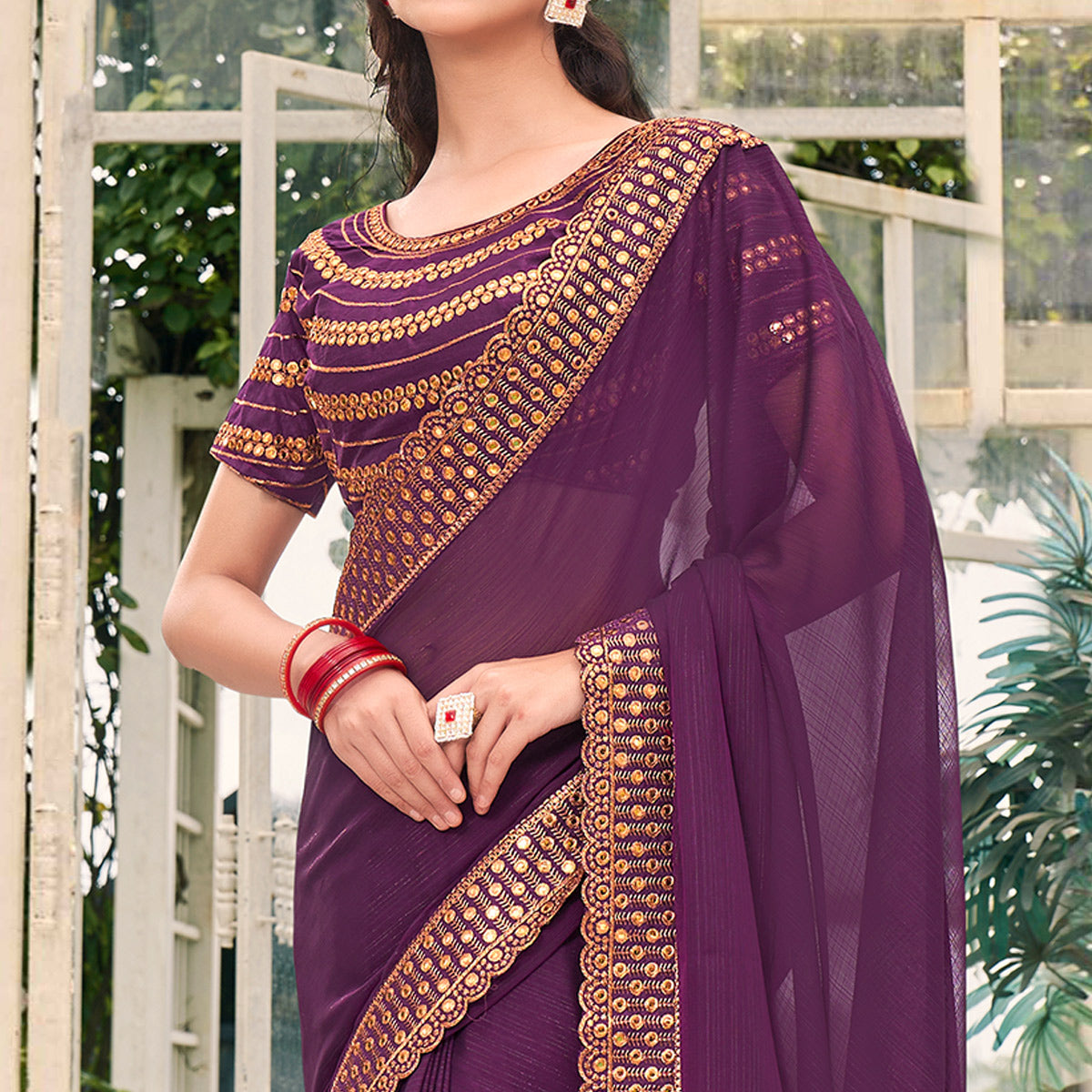 Purple Solid With Embroidered Border Georgette Saree