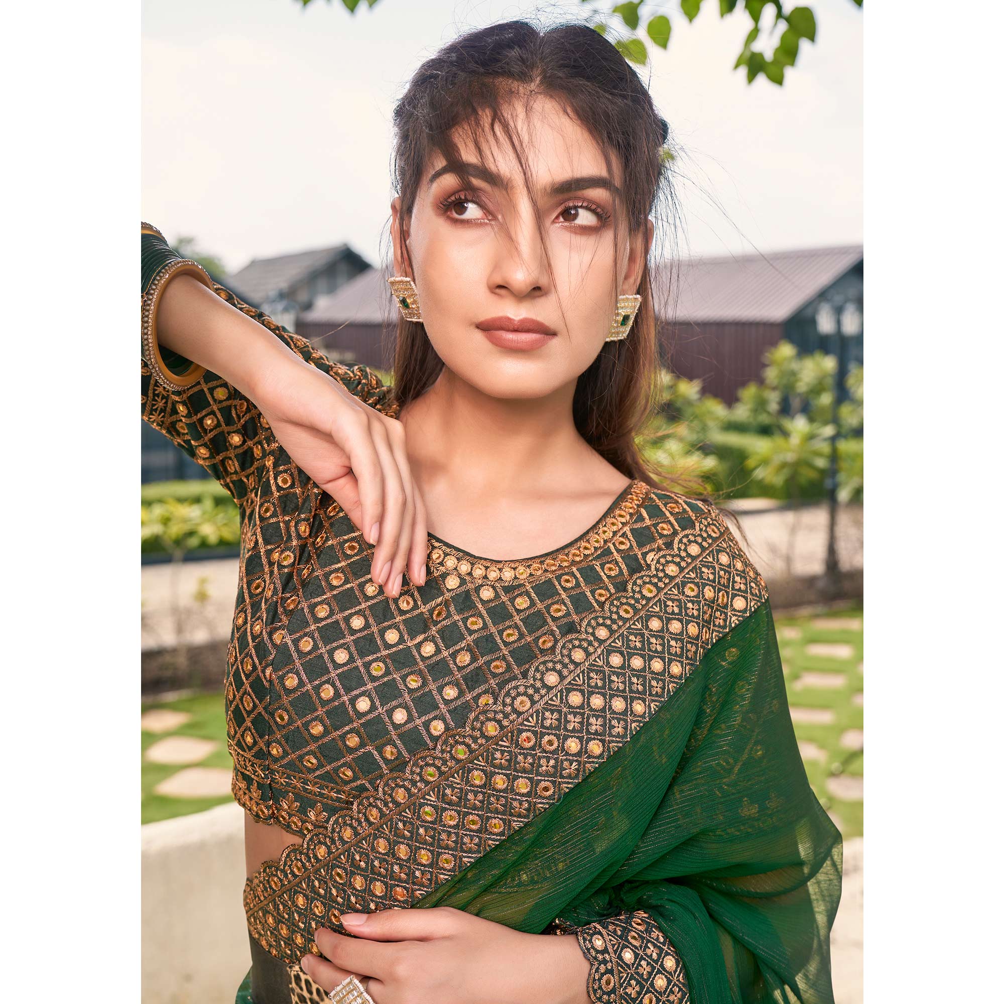 Green Solid With Embroidered Border Georgette Saree