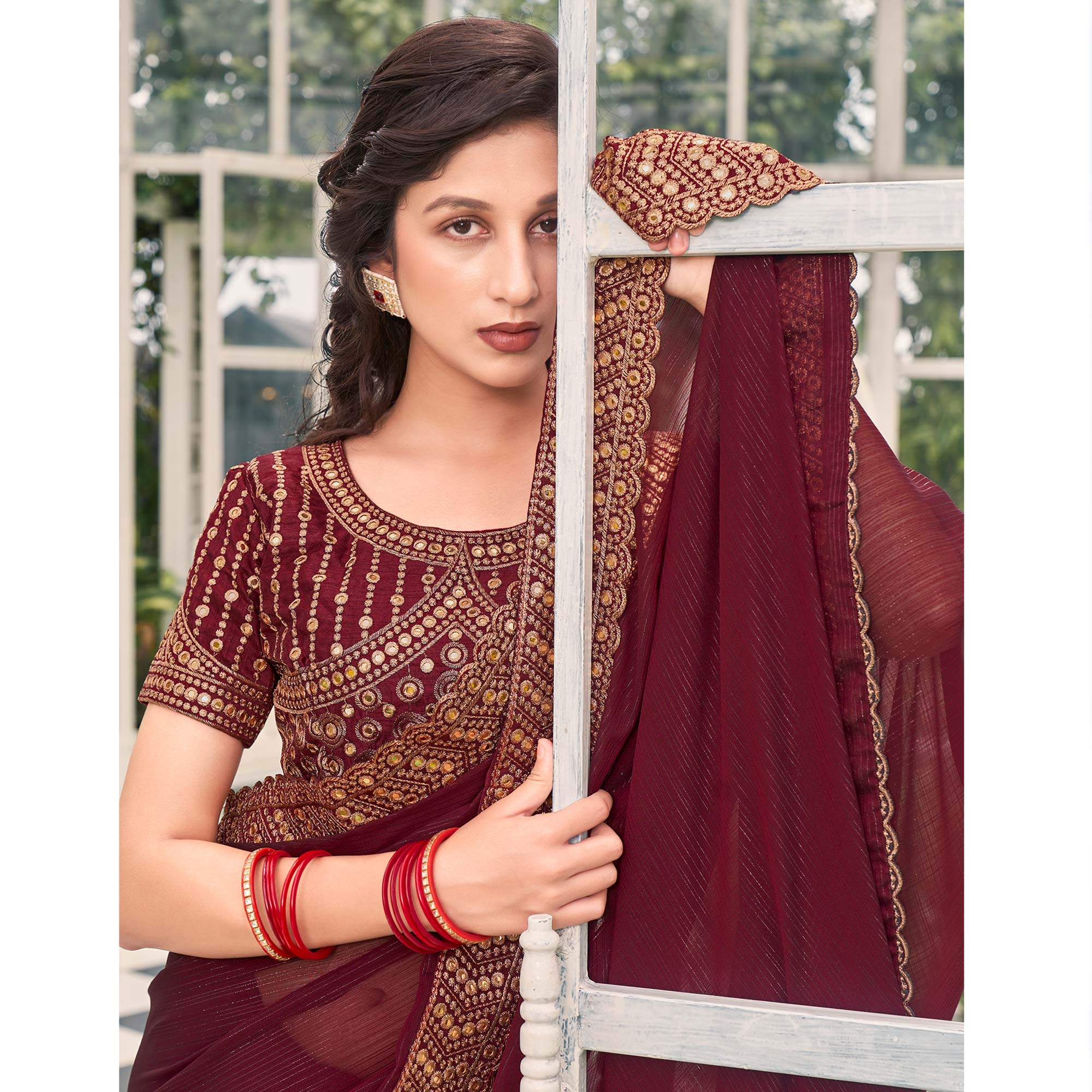 Brown Solid With Embroidered Border Georgette Saree