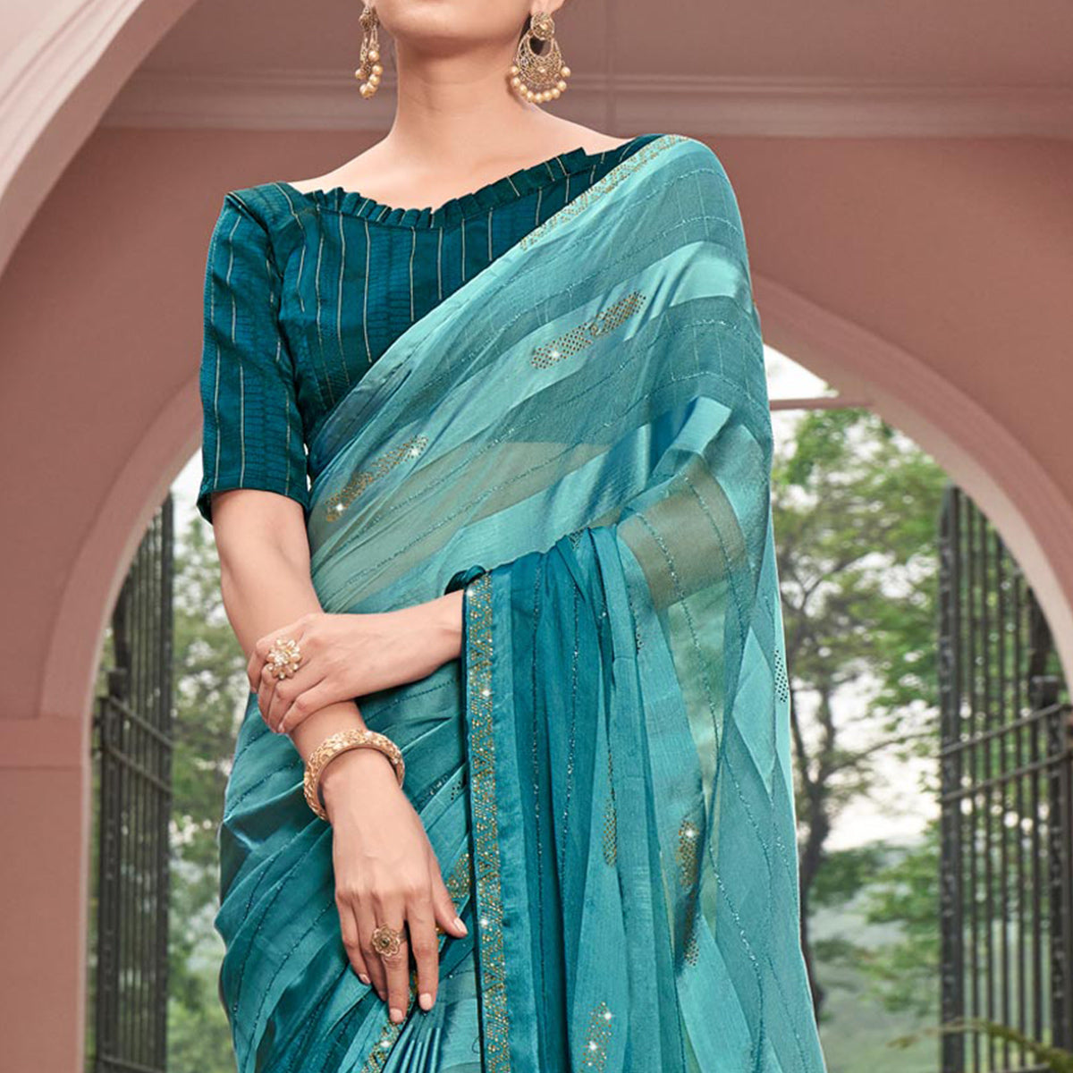 Teal Blue Swarovski Work Georgette Saree