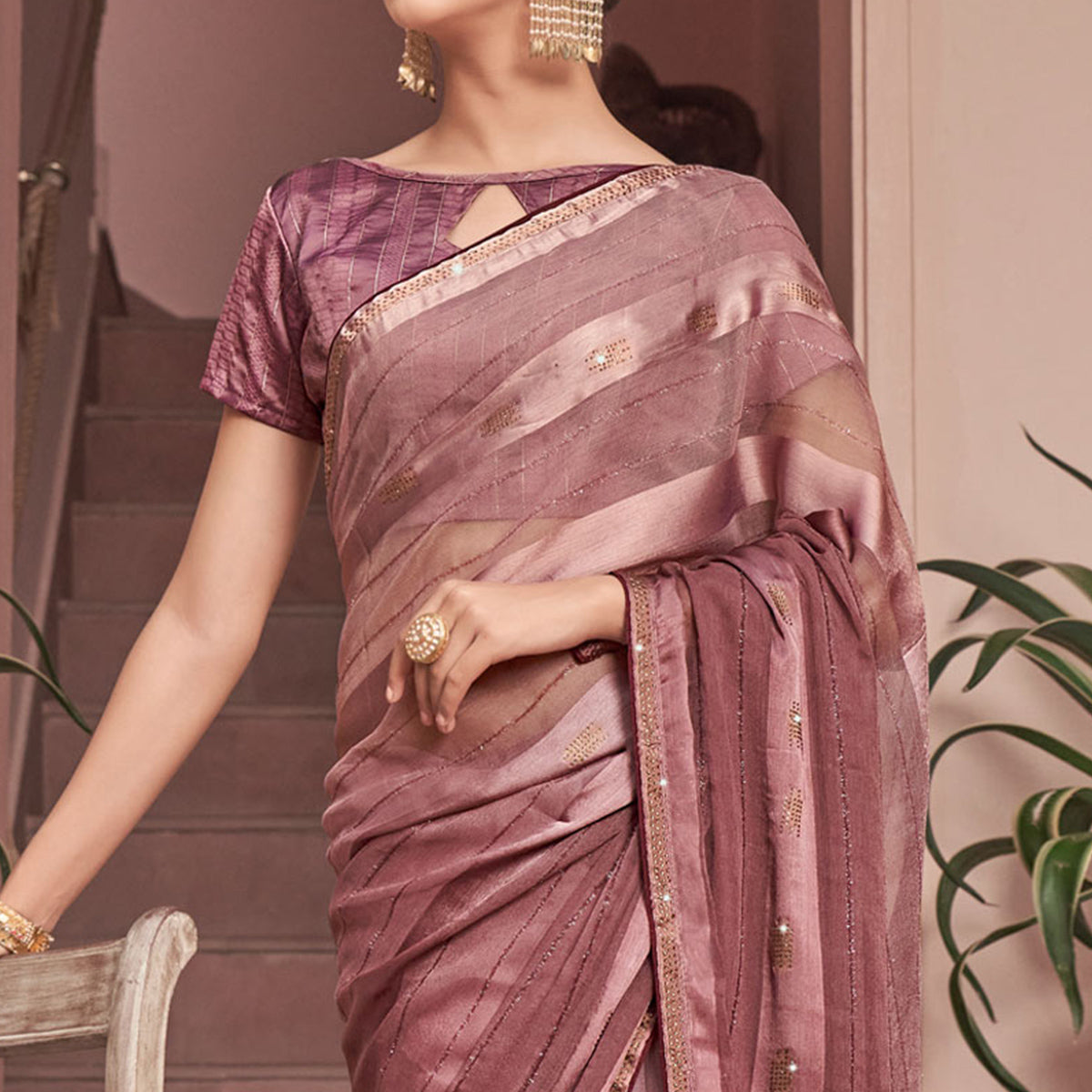 Mauve Swarovski Work Georgette Saree