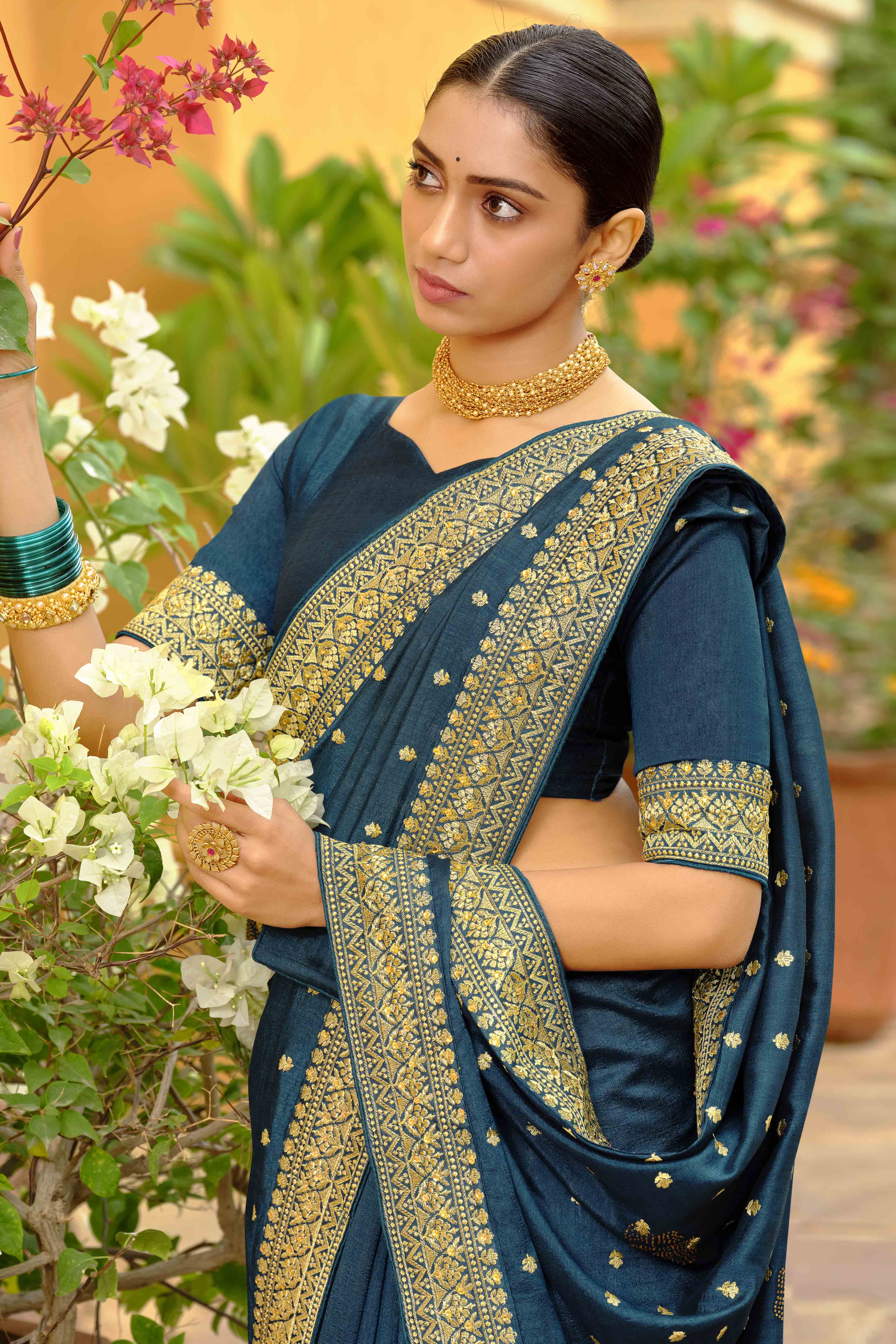Teal Swarovski Work Embroidered Vichitra Silk Saree