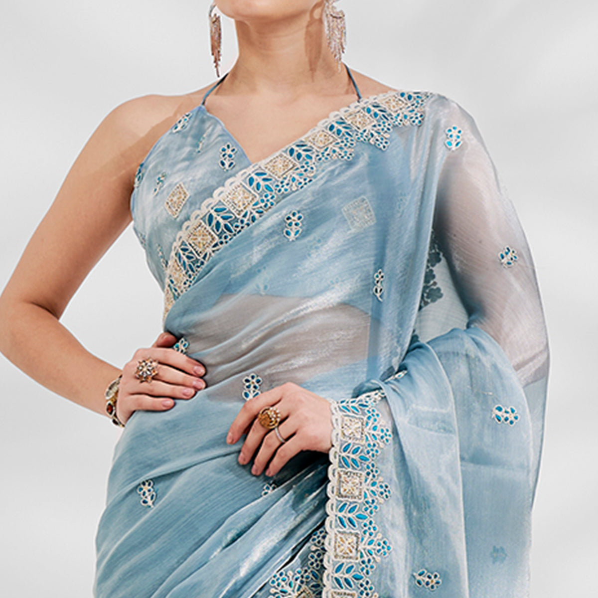 Turquoise Floral Embroidered Tissue Saree