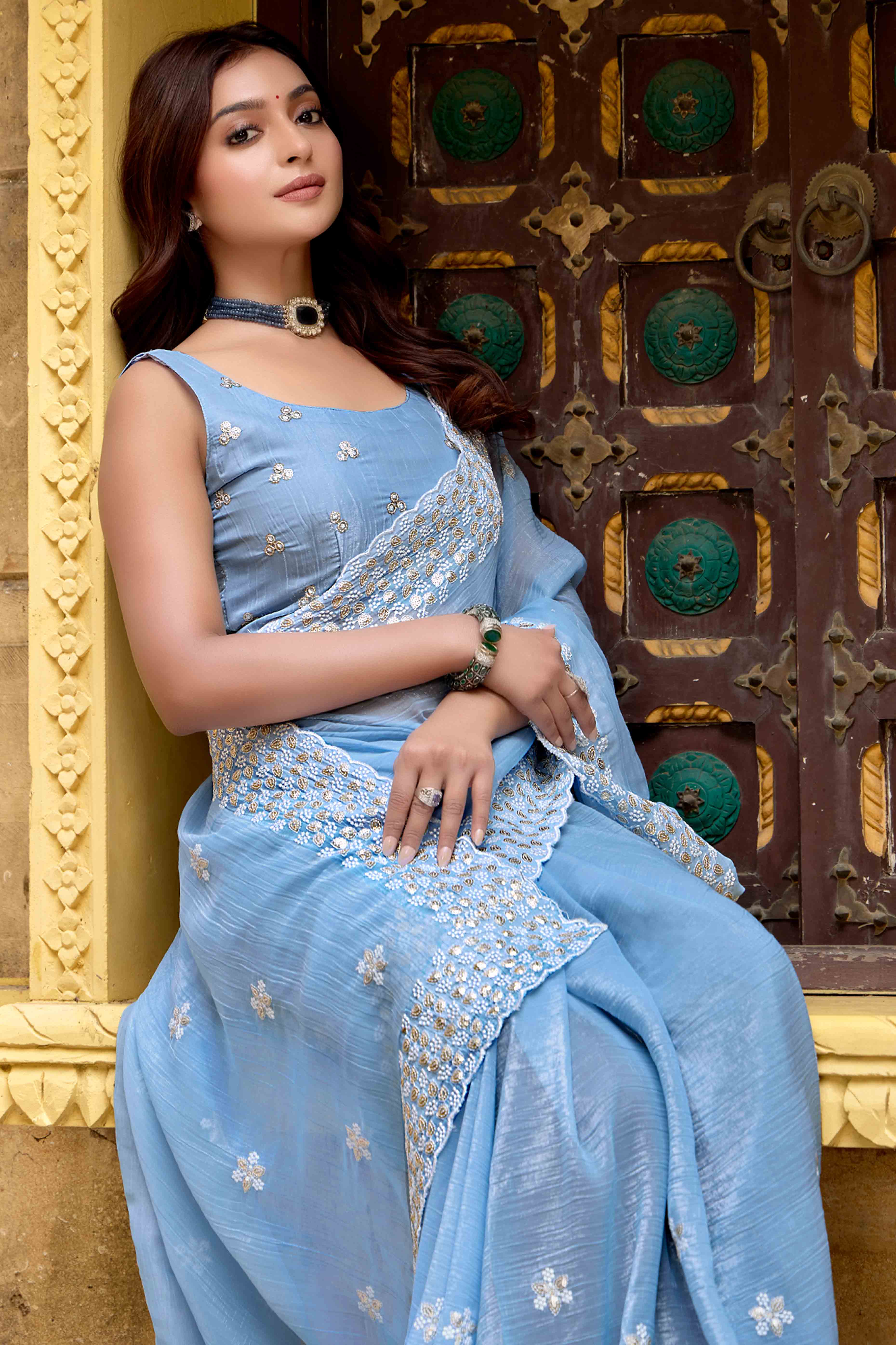 Sky Blue Floral Sequins Embroidered Chiffon Saree