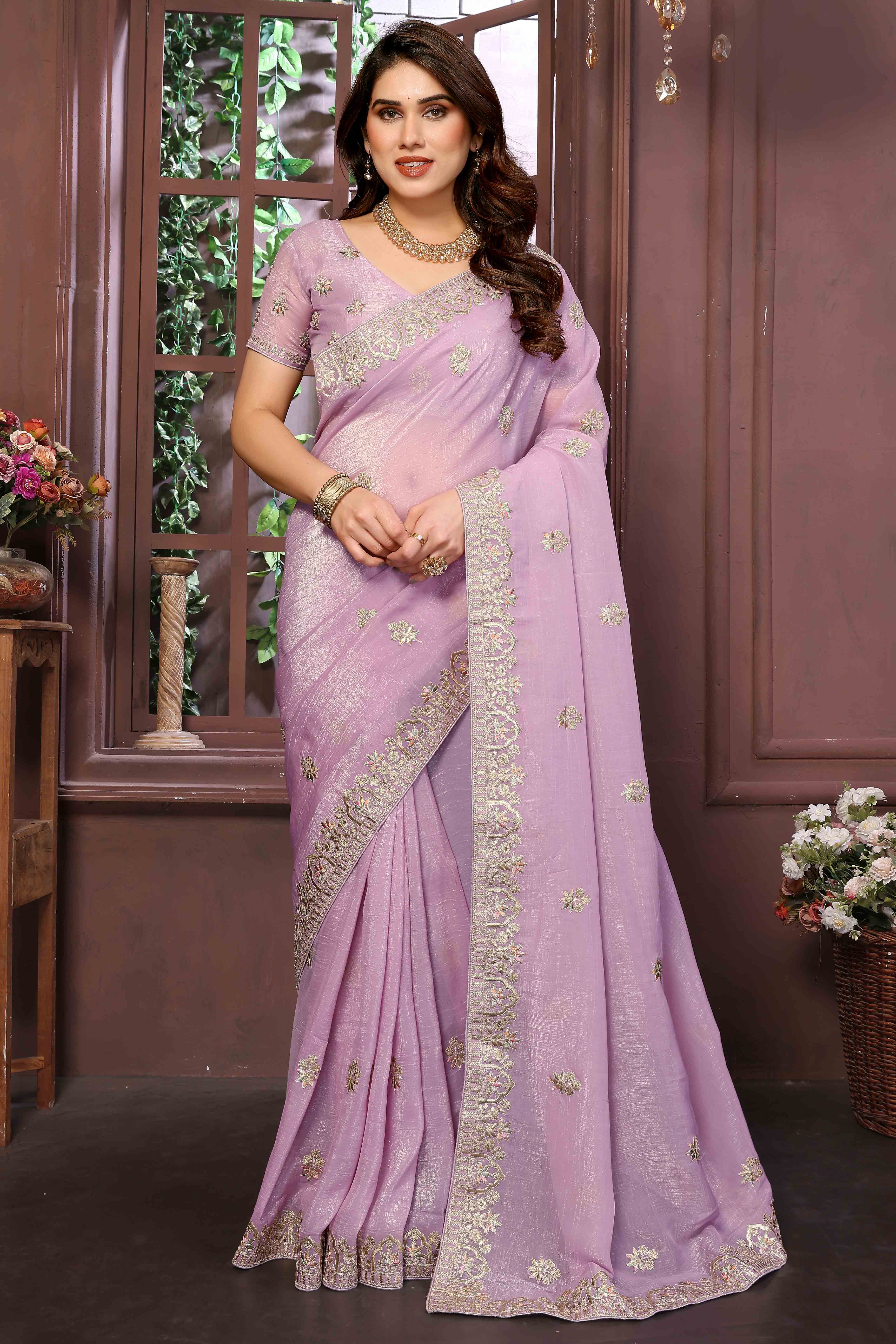 Light Purple Crunchy Saree With Enchanting Floral Gota Patti Work