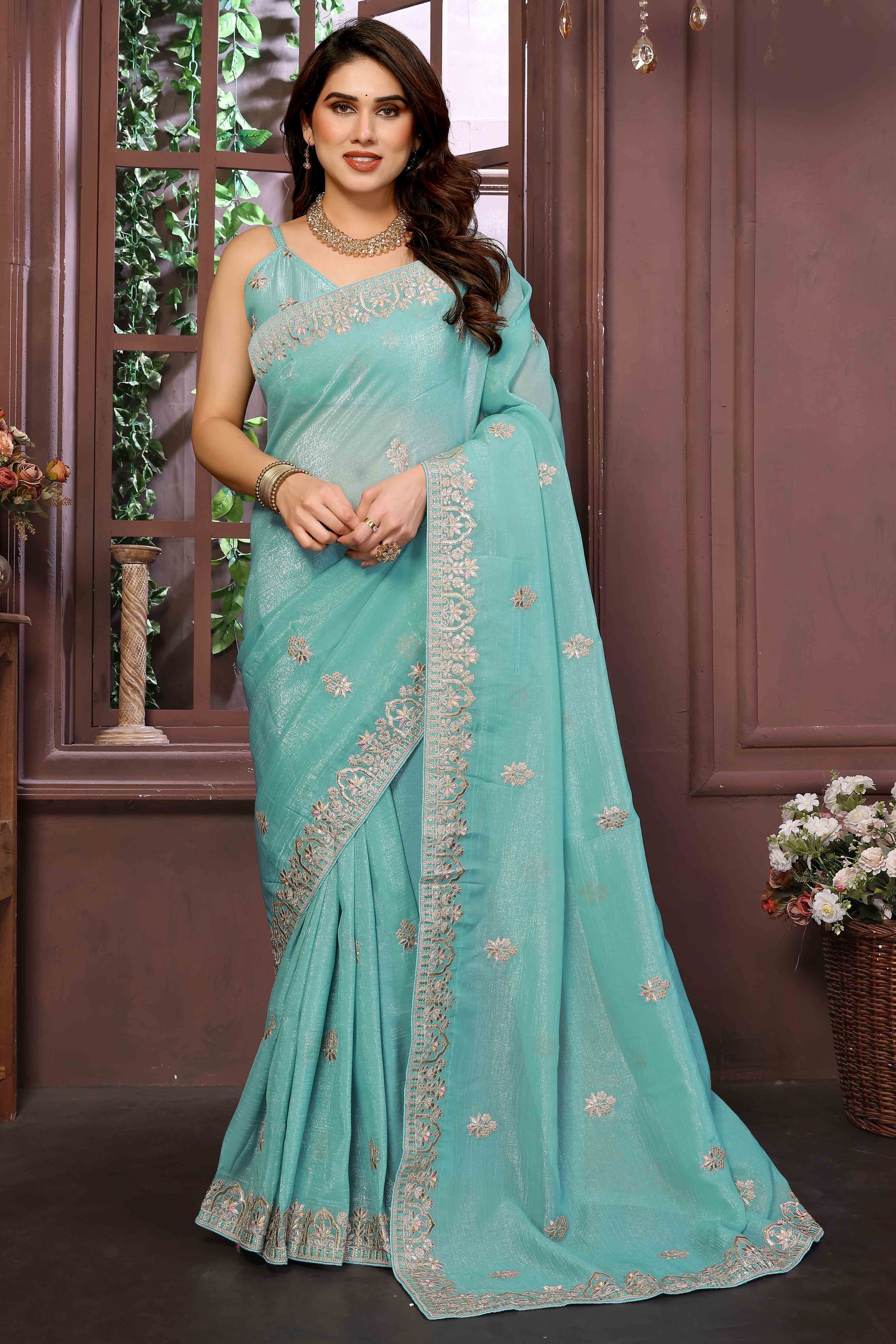 Turquoise Crunchy Saree With Enchanting Floral Gota Patti Work