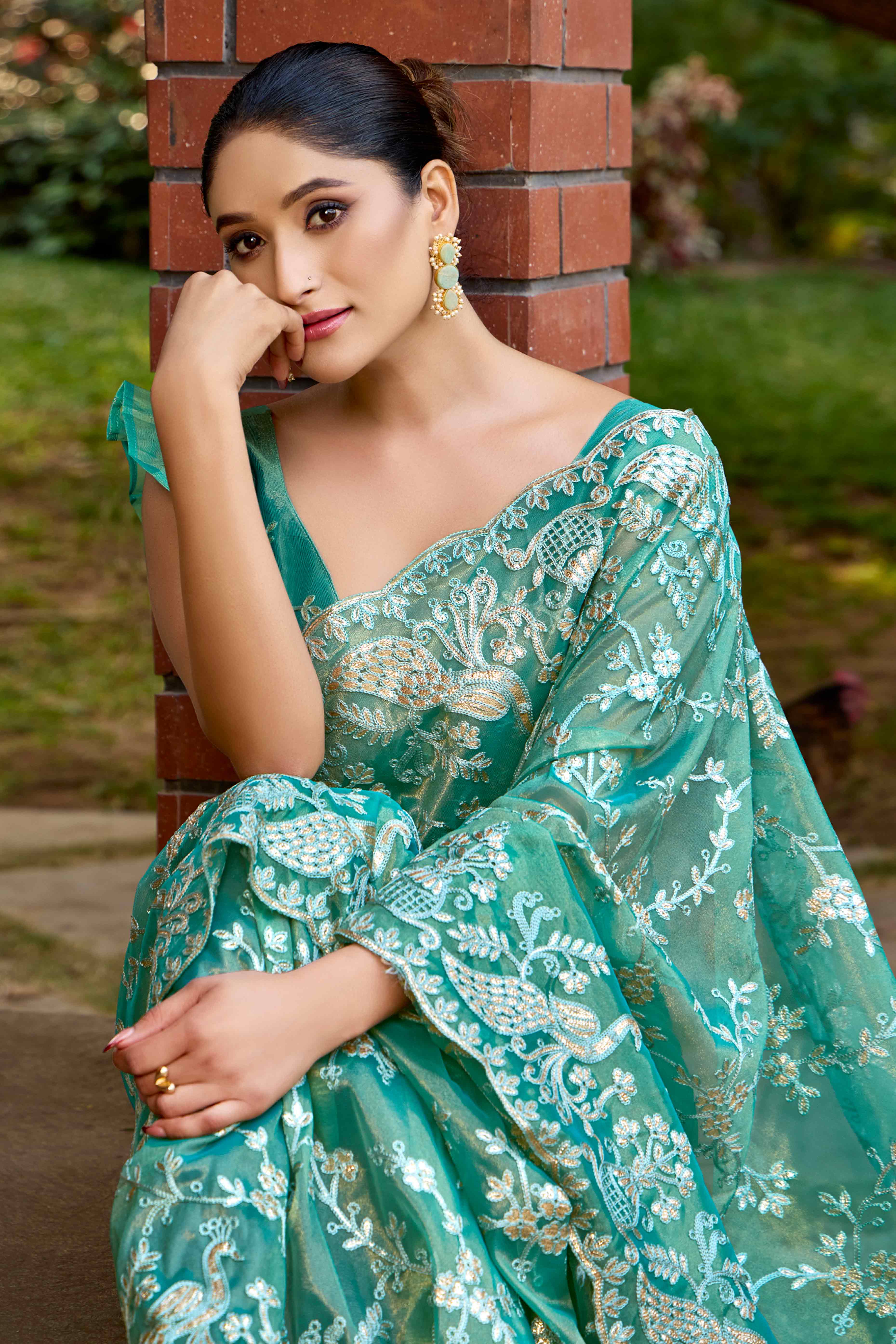 Rama Green Floral Embroidered Organza Net Saree
