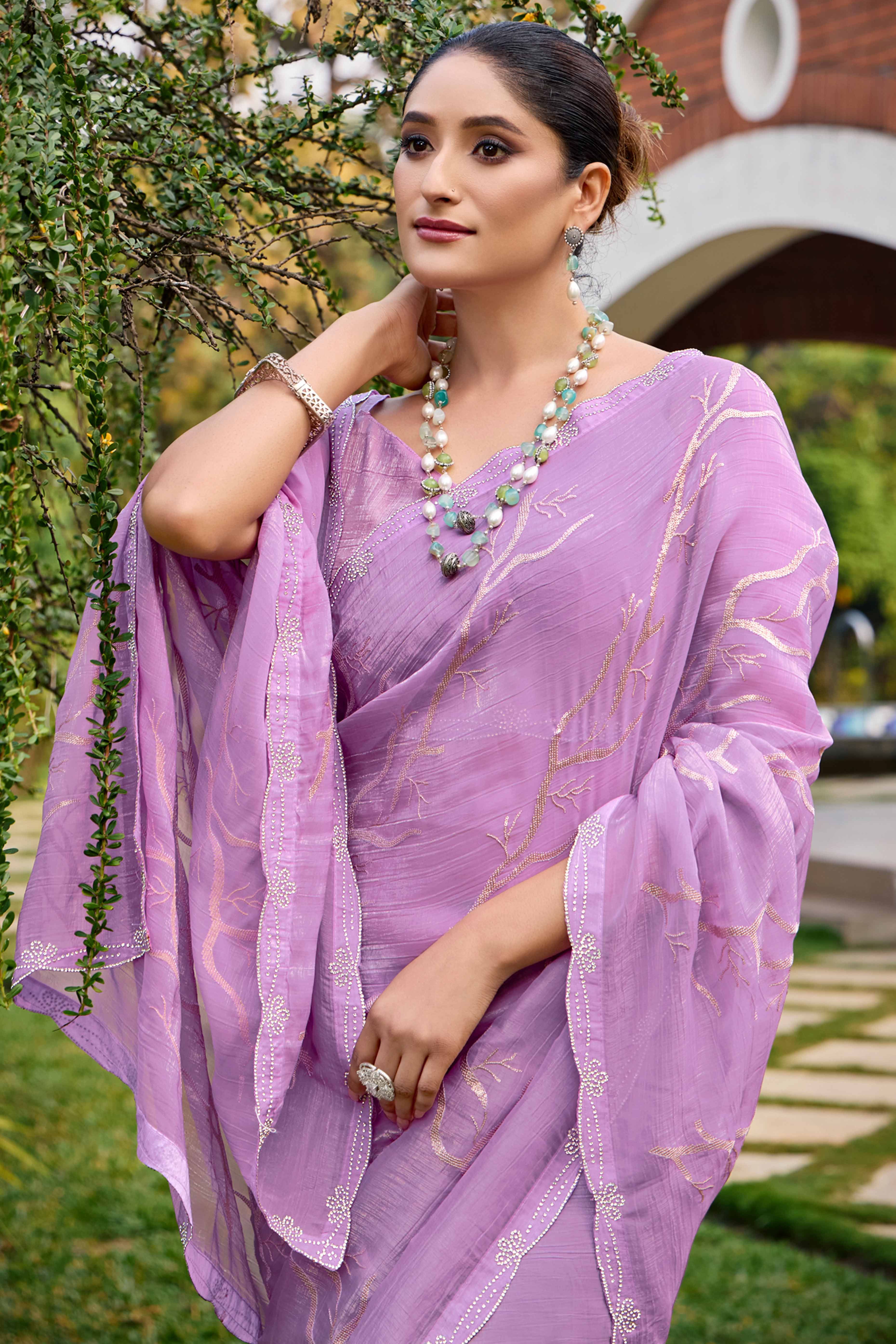 Light Purple Sequins With Zarkan Work Chiffon Saree