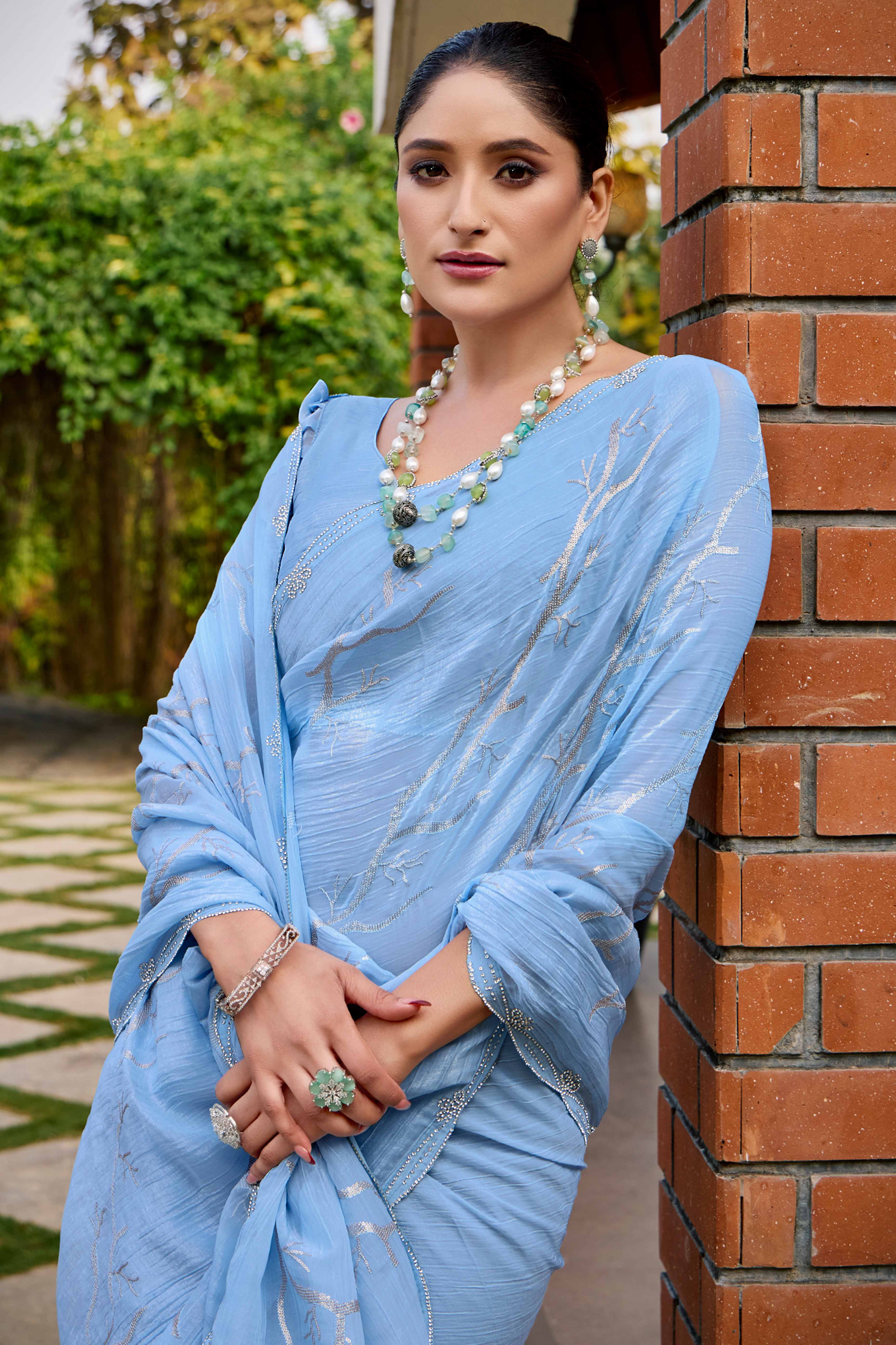 Sky Blue Sequins With Zarkan Work Chiffon Saree