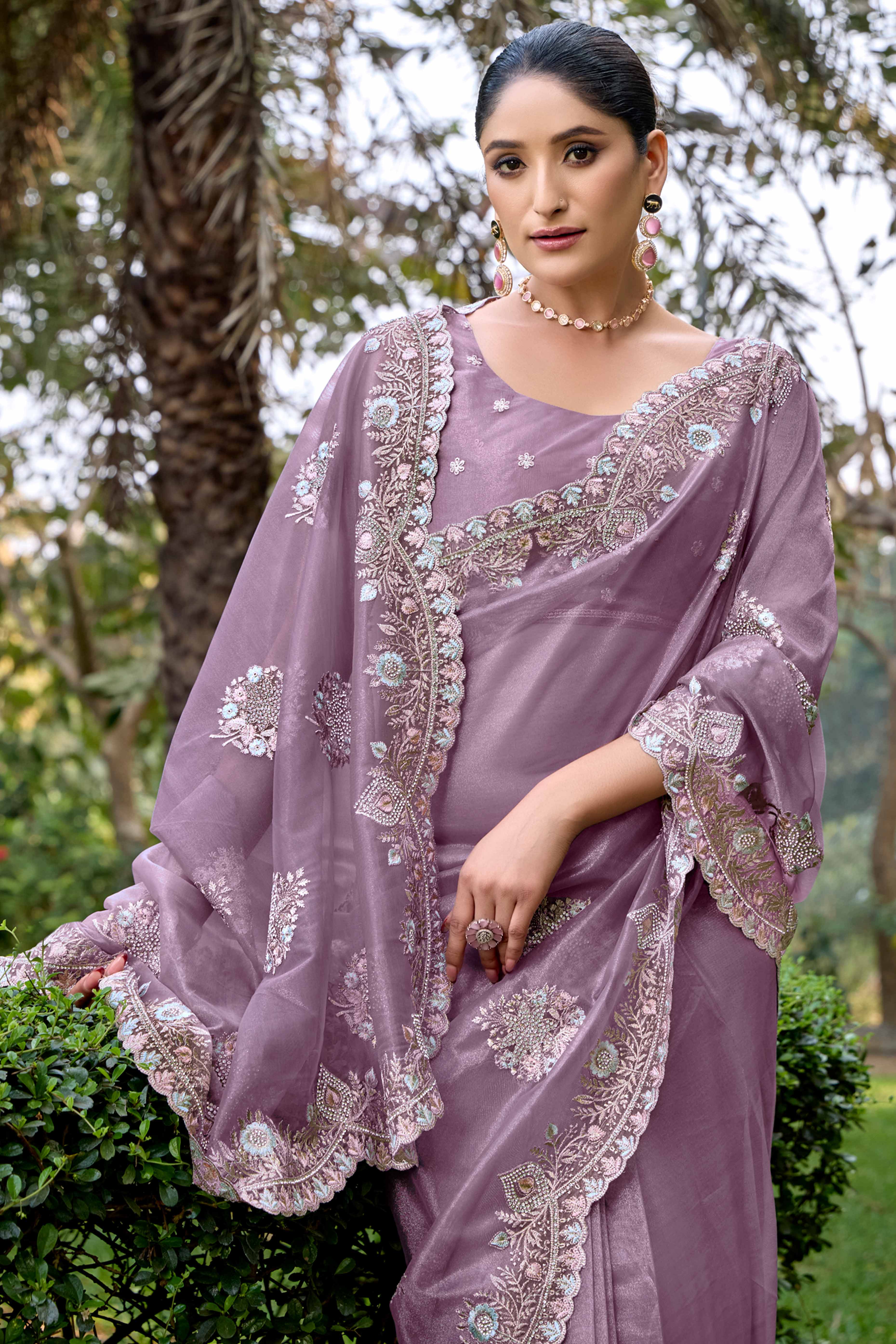 Lavender Floral Embroidery With Zarkan Organza Net Saree