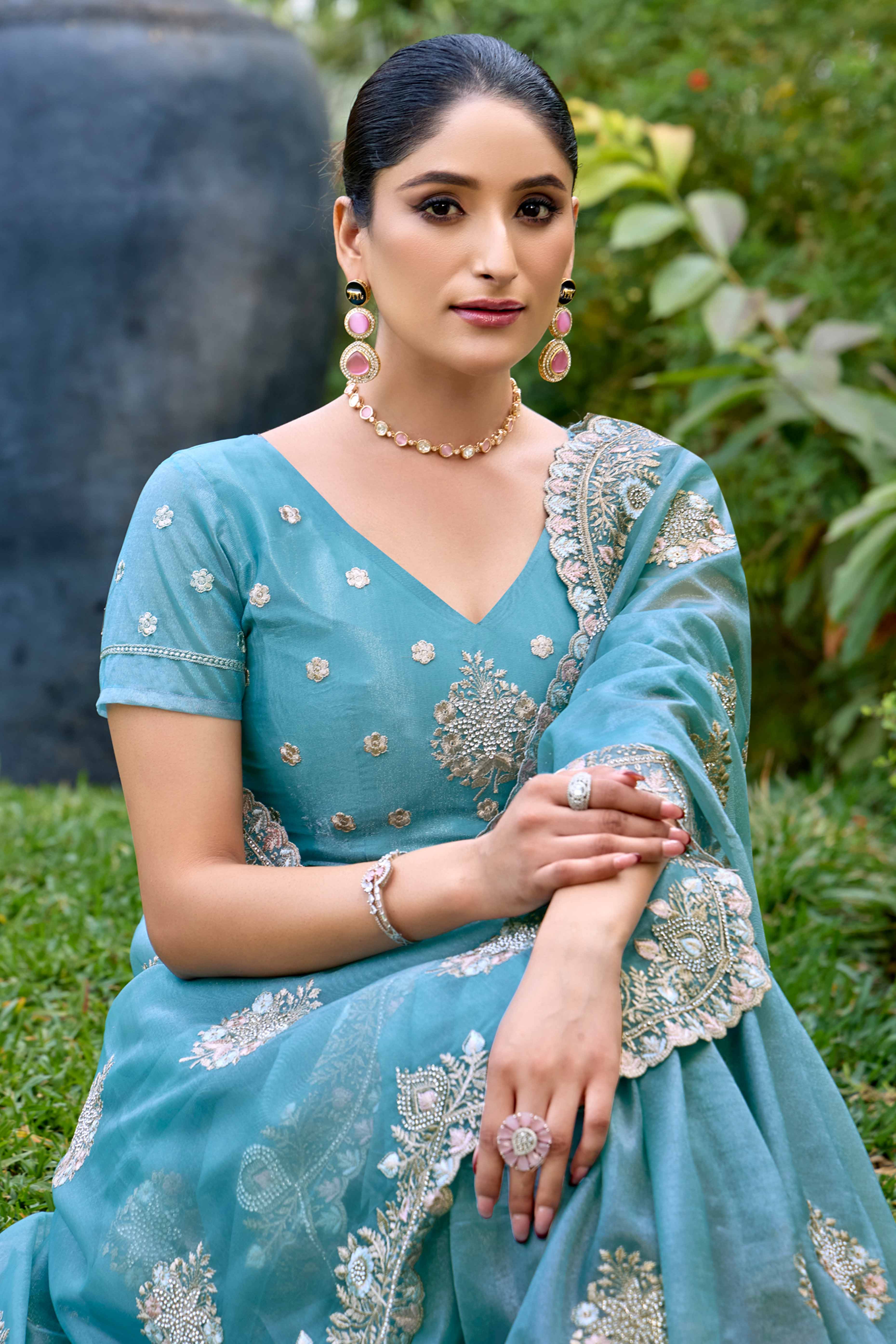 Blue Floral Embroidery With Zarkan Organza Net Saree