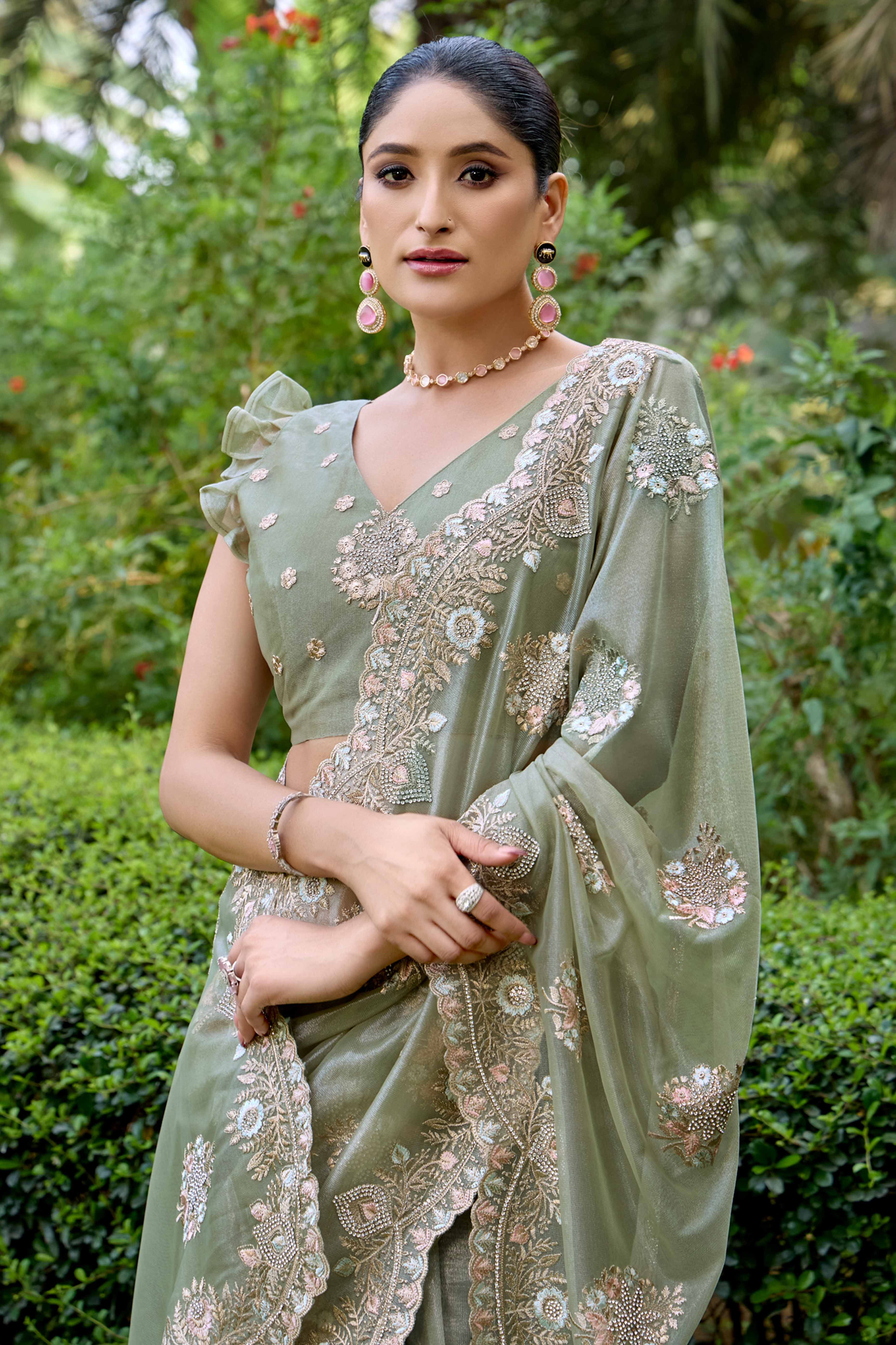 Green Floral Embroidery With Zarkan Organza Net Saree