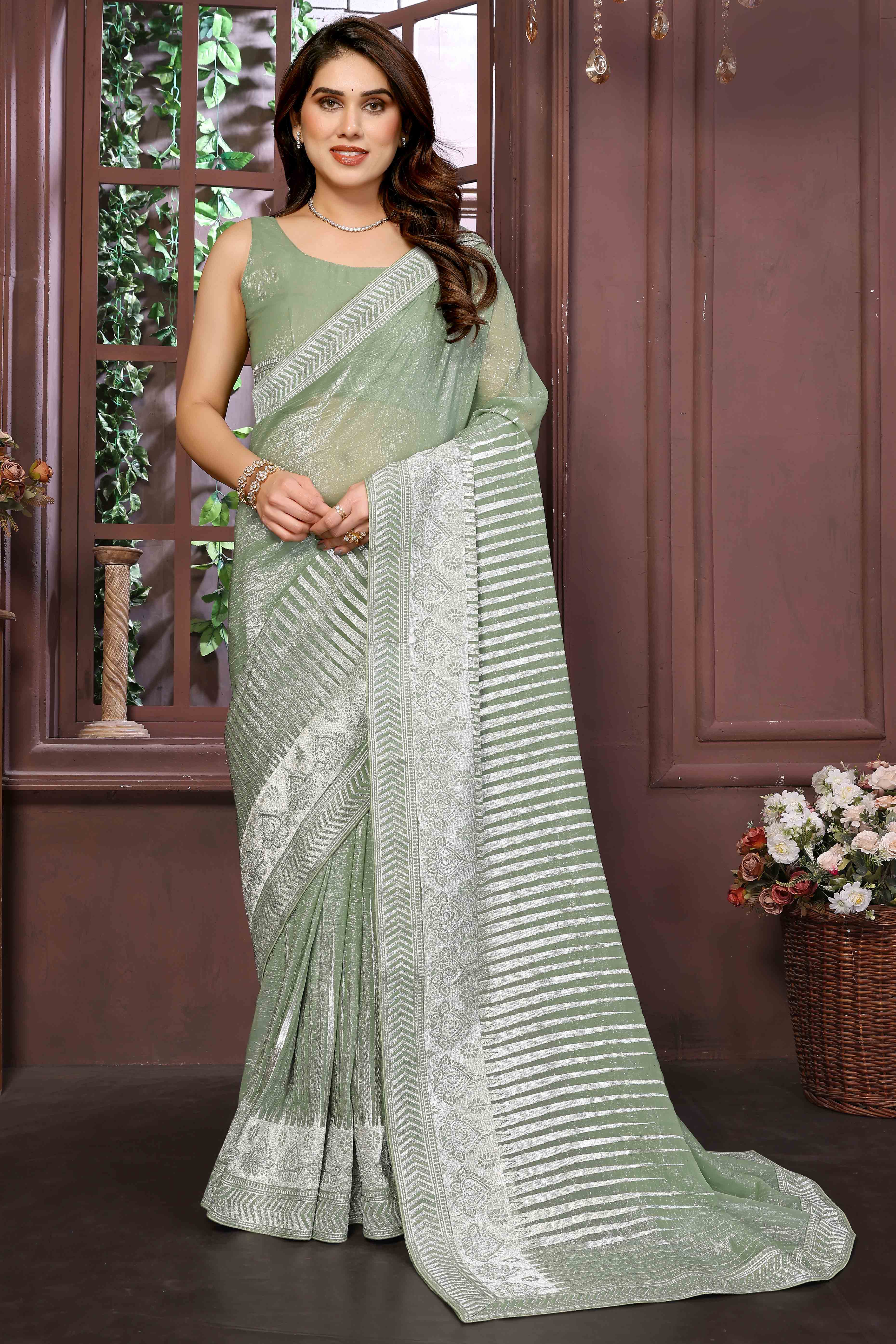Swarovski Work Saree In Green With Delicate Floral Zari Border