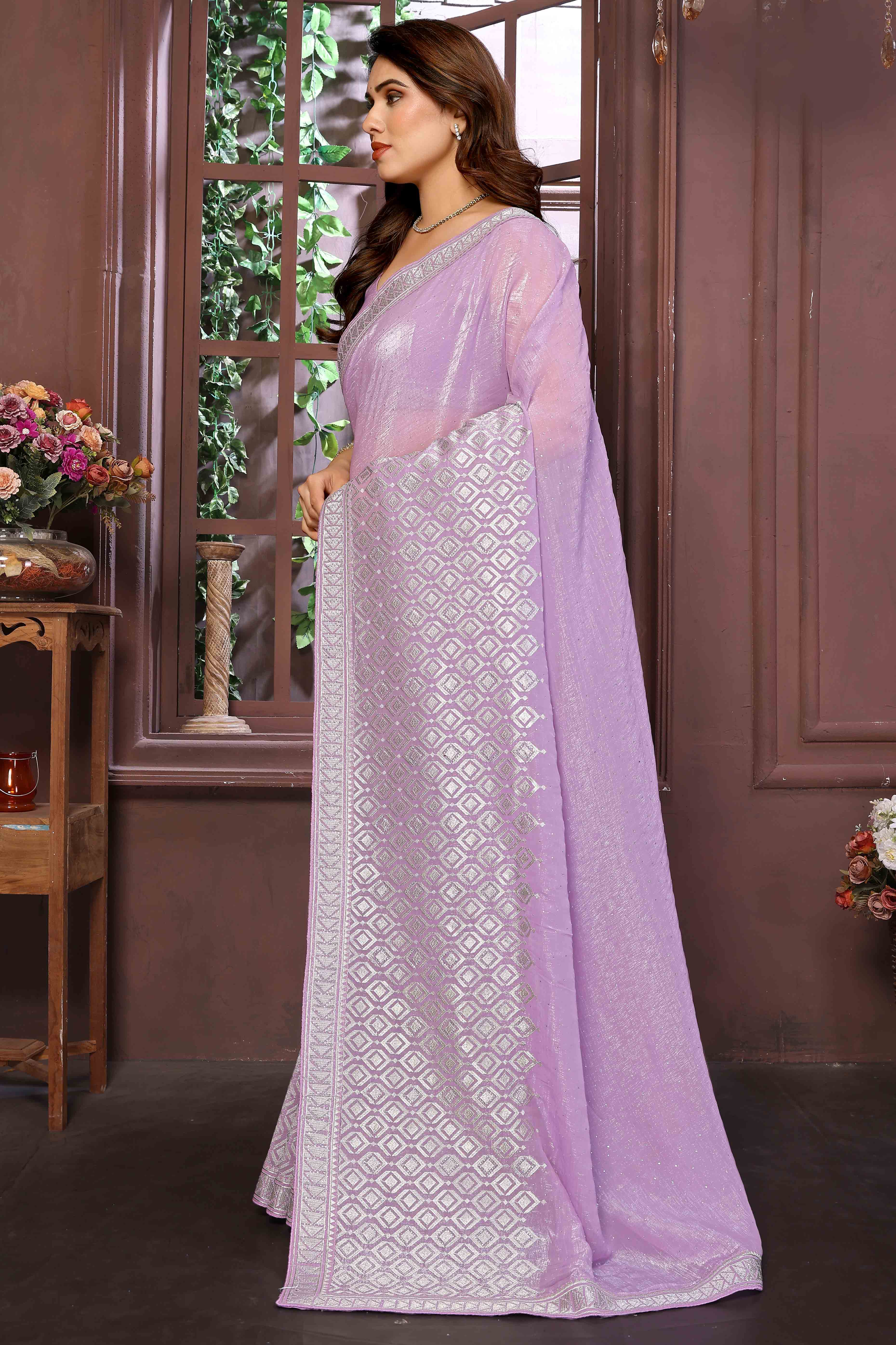 Light Purple Crunchy Saree With Swarovski Sparkle & Floral Zari Grace