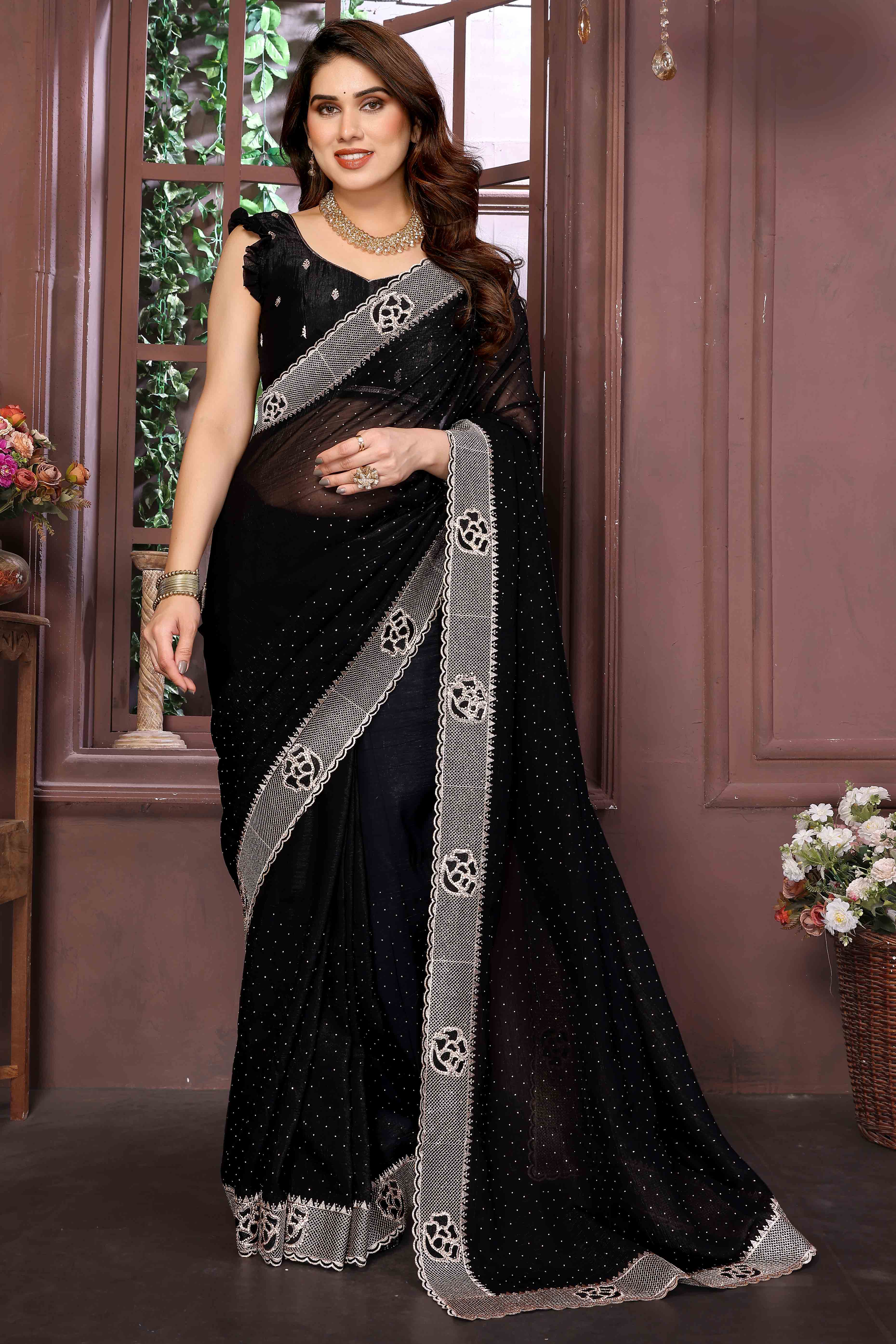Black Crunchy Saree Adorned With Swarovski Sparkle & Floral Zari Elegance