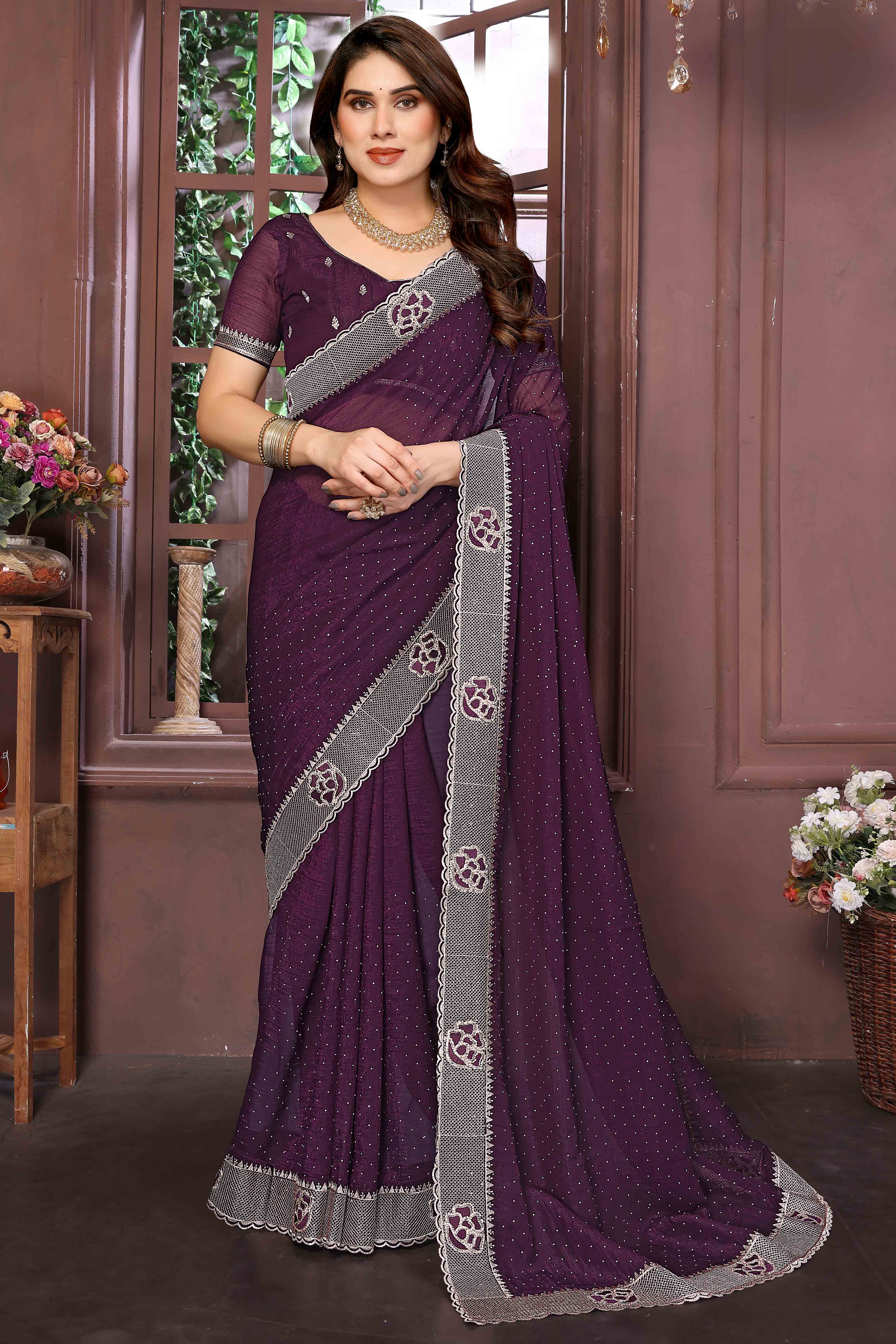 Wine Crunchy Saree Adorned With Swarovski Sparkle & Floral Zari Elegance