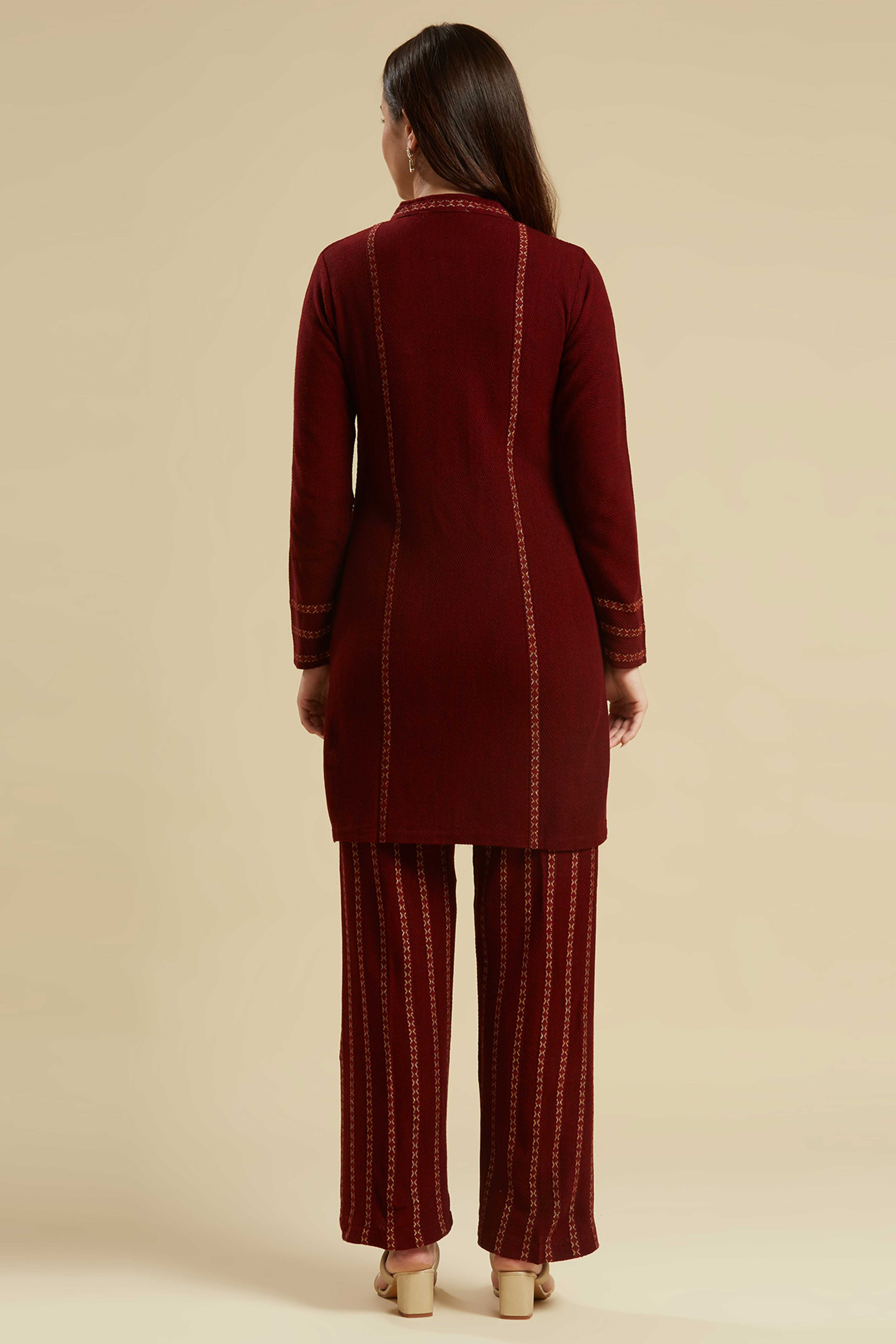 Maroon Woven Woolen Straight Top Bottom Set