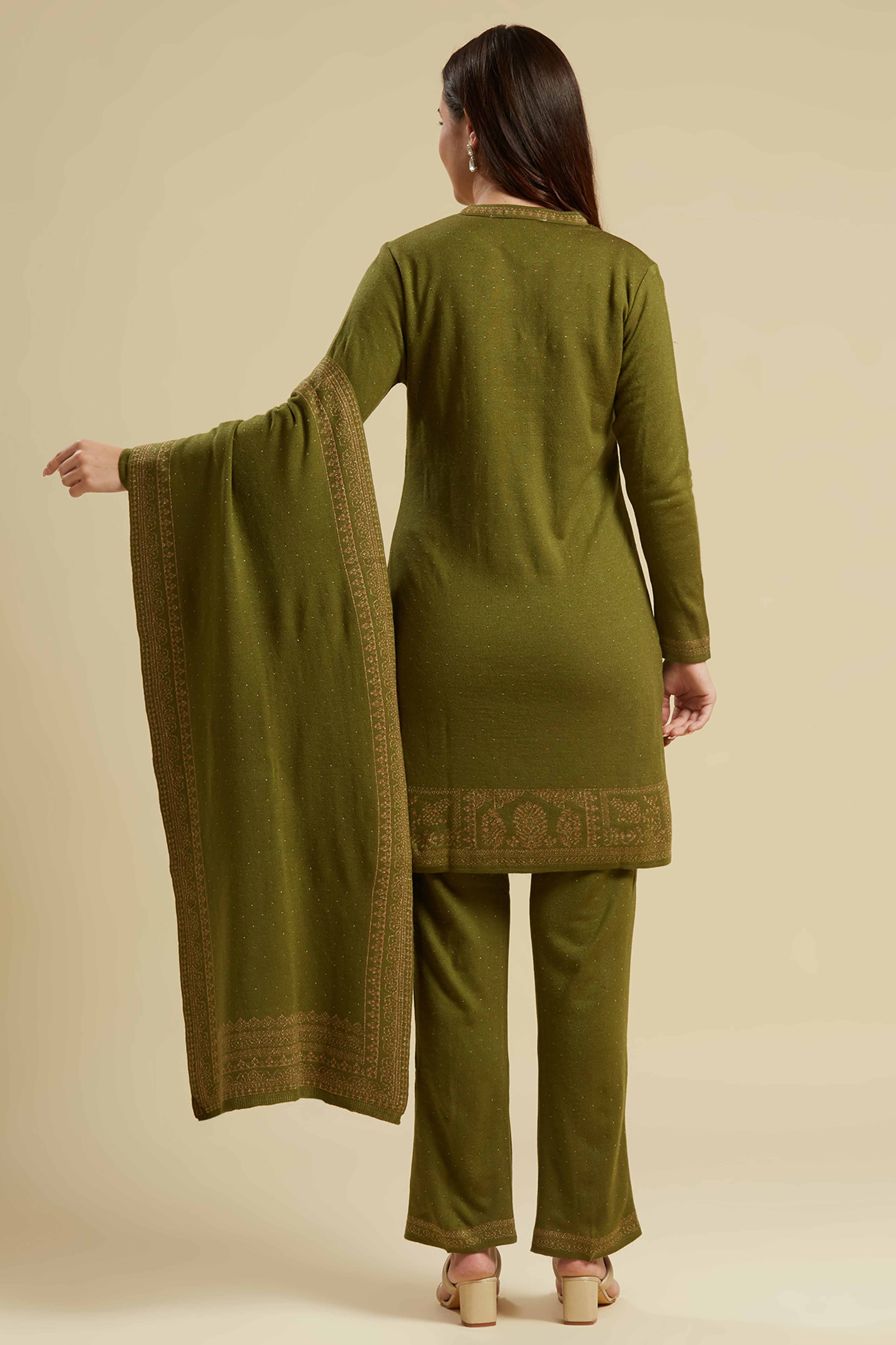 Olive Woven Woolen Straight Salwar Suit