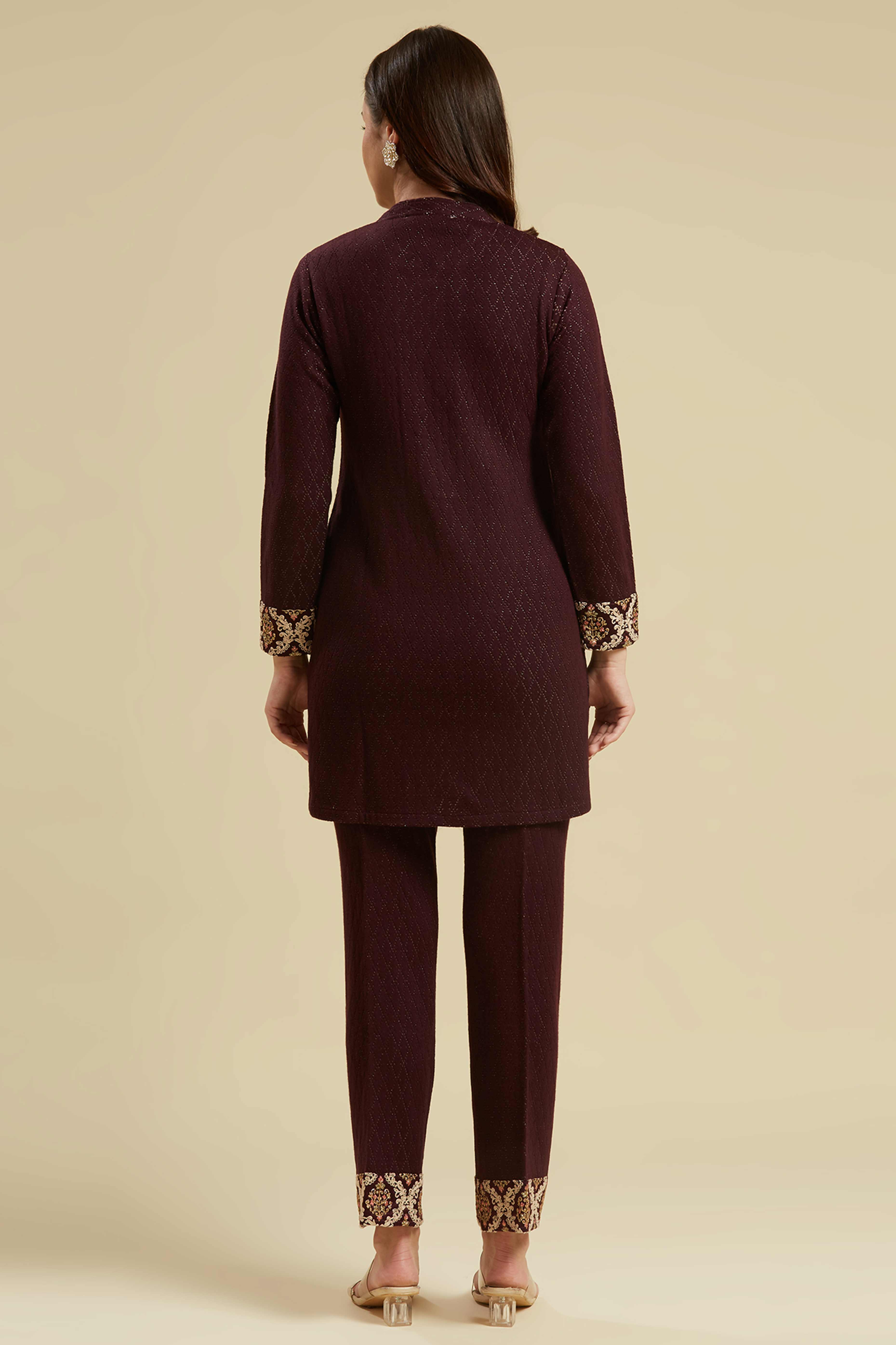 Wine Woven Woolen Straight Top Bottom Set