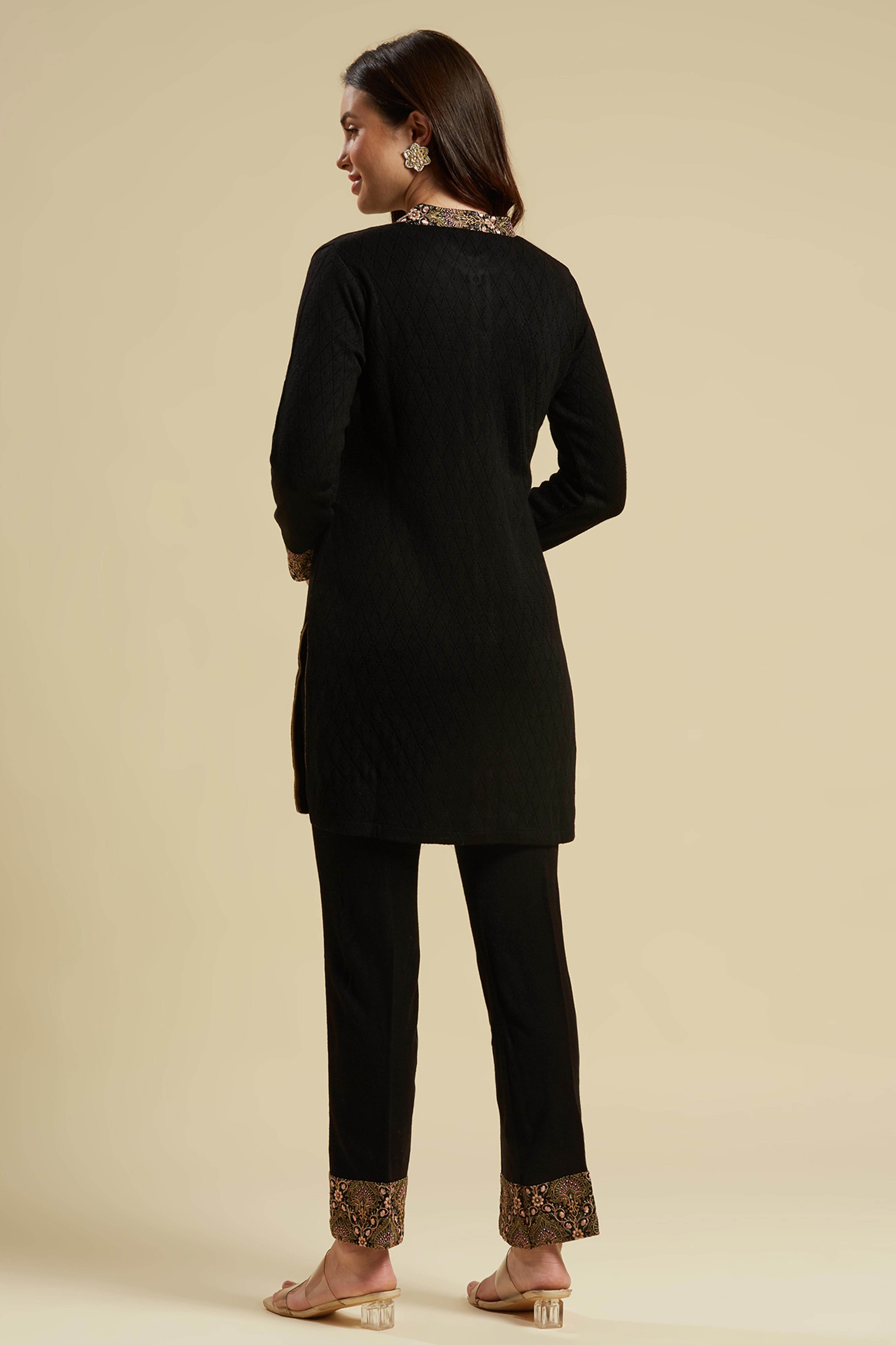 Black Woven Woolen Front Slit Top Bottom Set